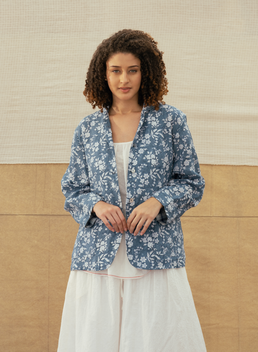 DVE 'Vaaruni' Linen Jacket - Aegean Blue Floral