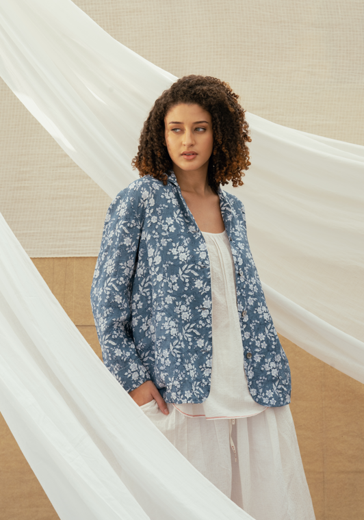 DVE 'Vaaruni' Linen Jacket - Aegean Blue Floral