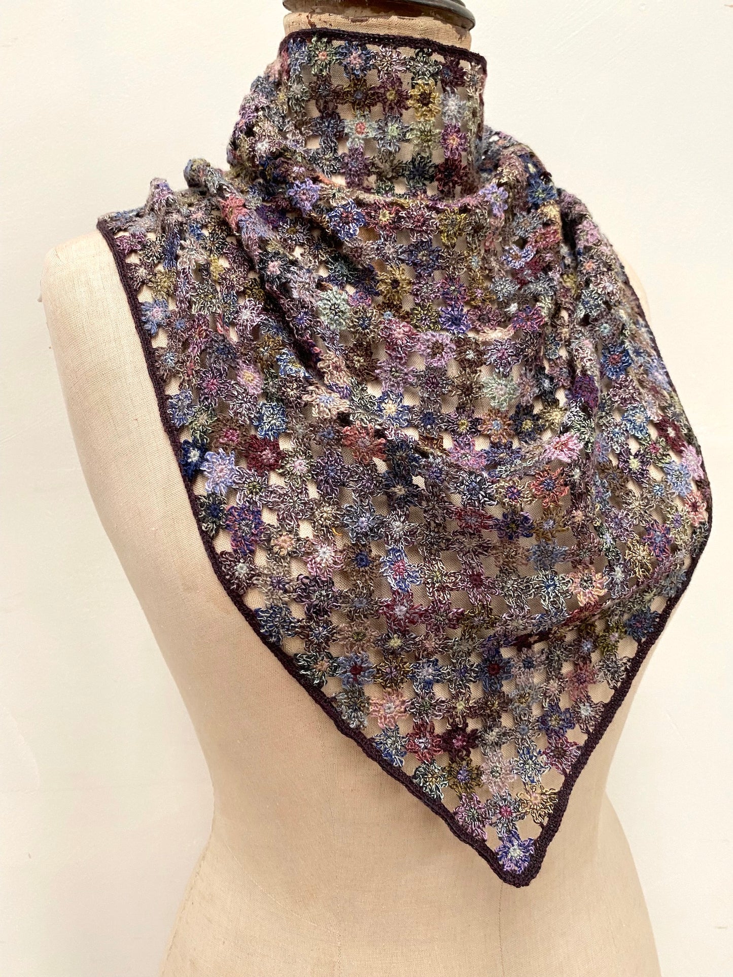 Sophie Digard Deep Blue Multi Open Weave Crochet Wool Triangle Scarf