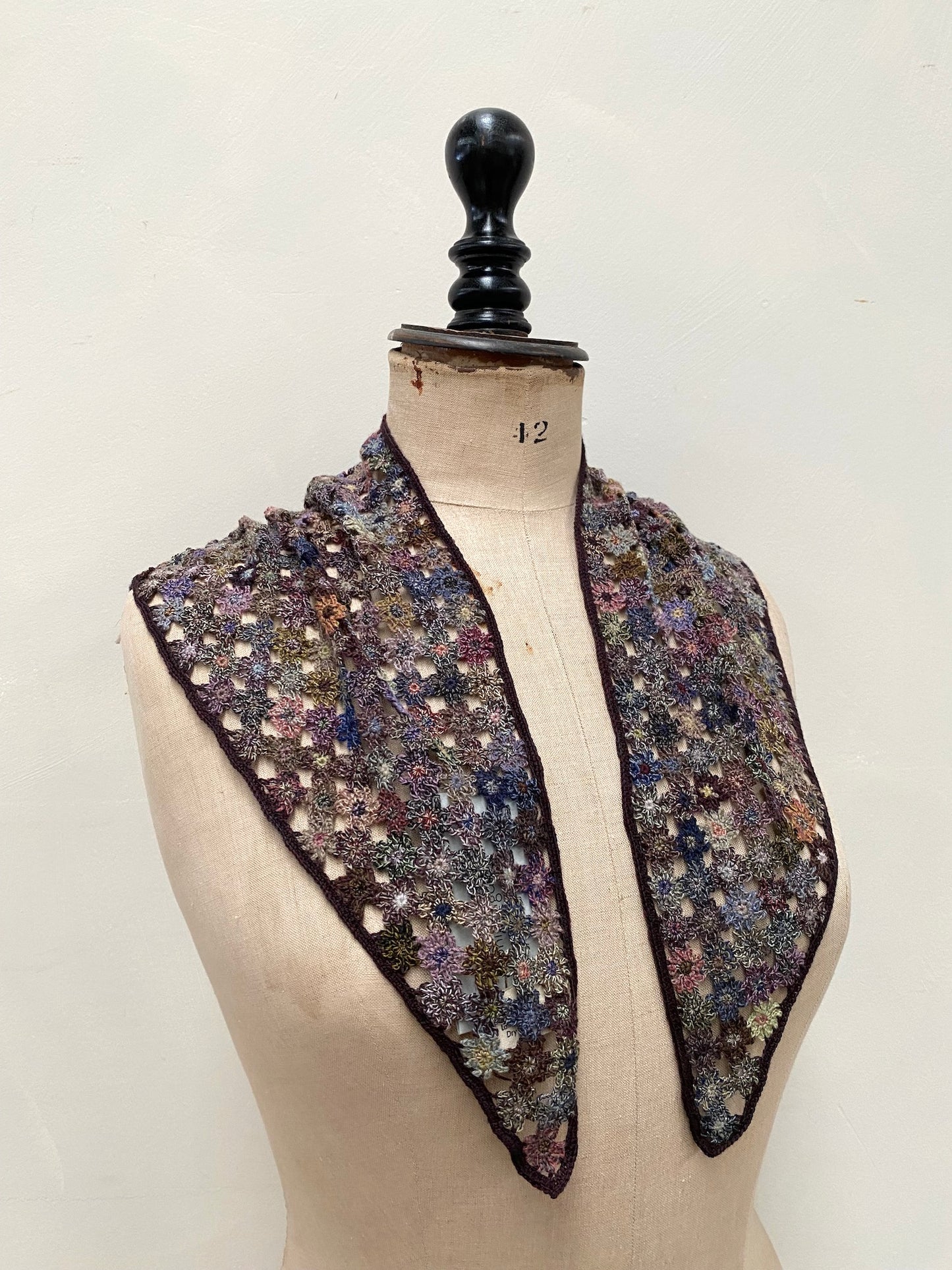 Sophie Digard Deep Blue Multi Open Weave Crochet Wool Triangle Scarf
