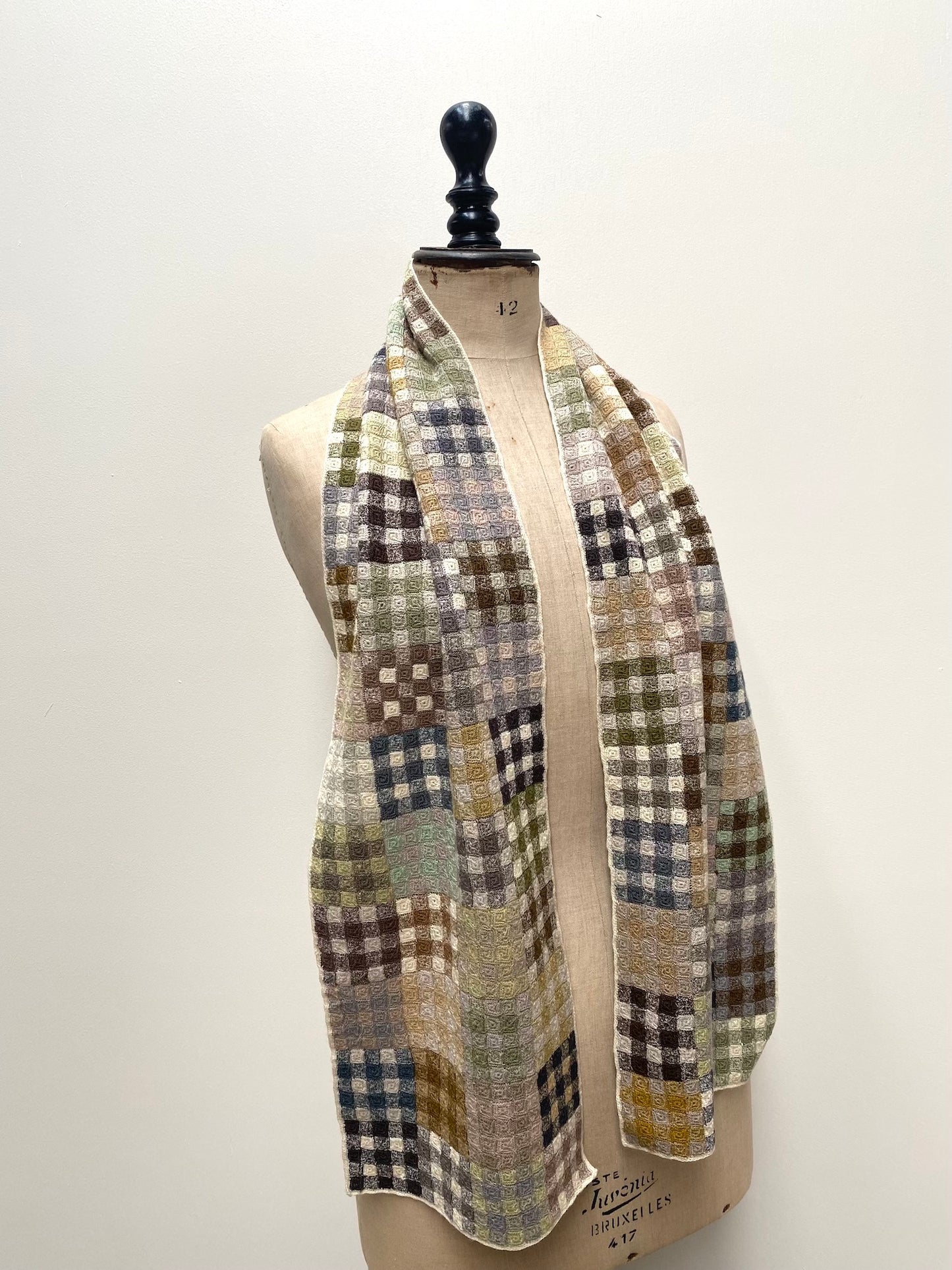 Sophie Digard Pastel Checkerboard Wool Crochet Scarf