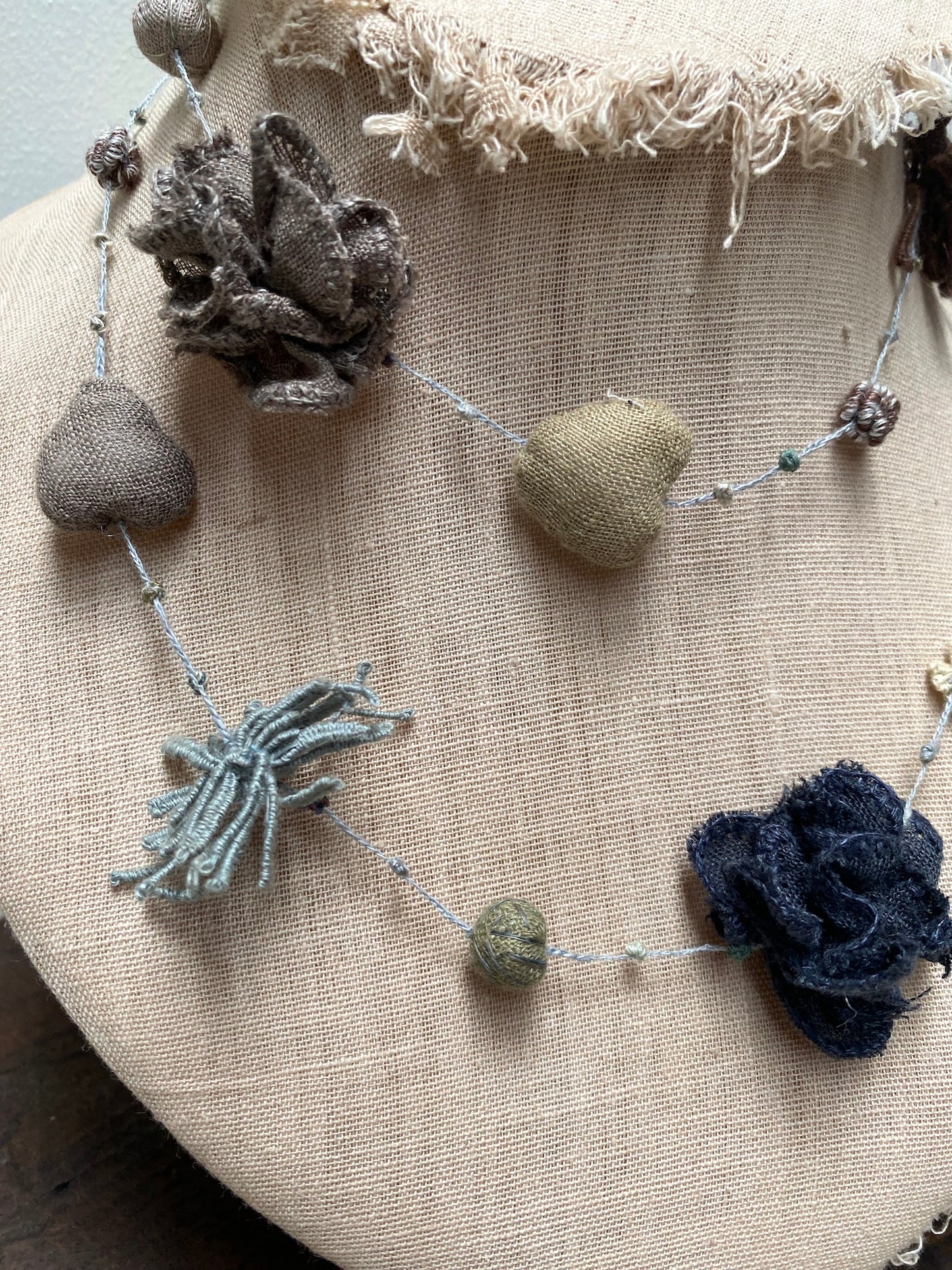 Sophie Digard Soft Blue Heart & Flower Linen Necklace