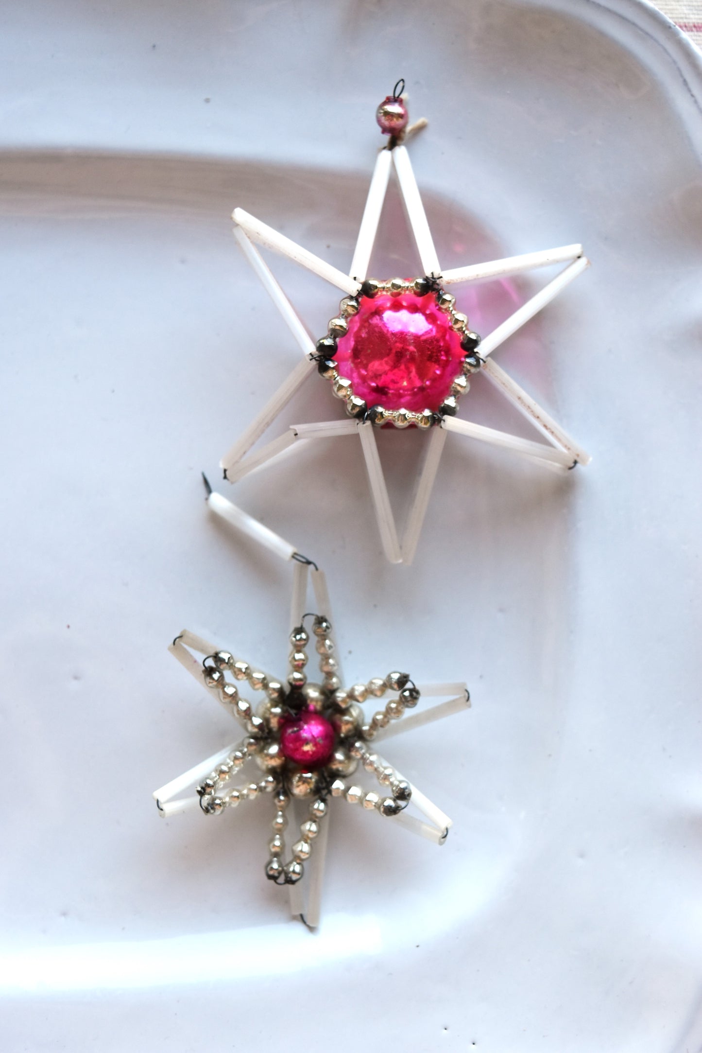 Vintage European Glass Bead Ornament - Pink Star Pair