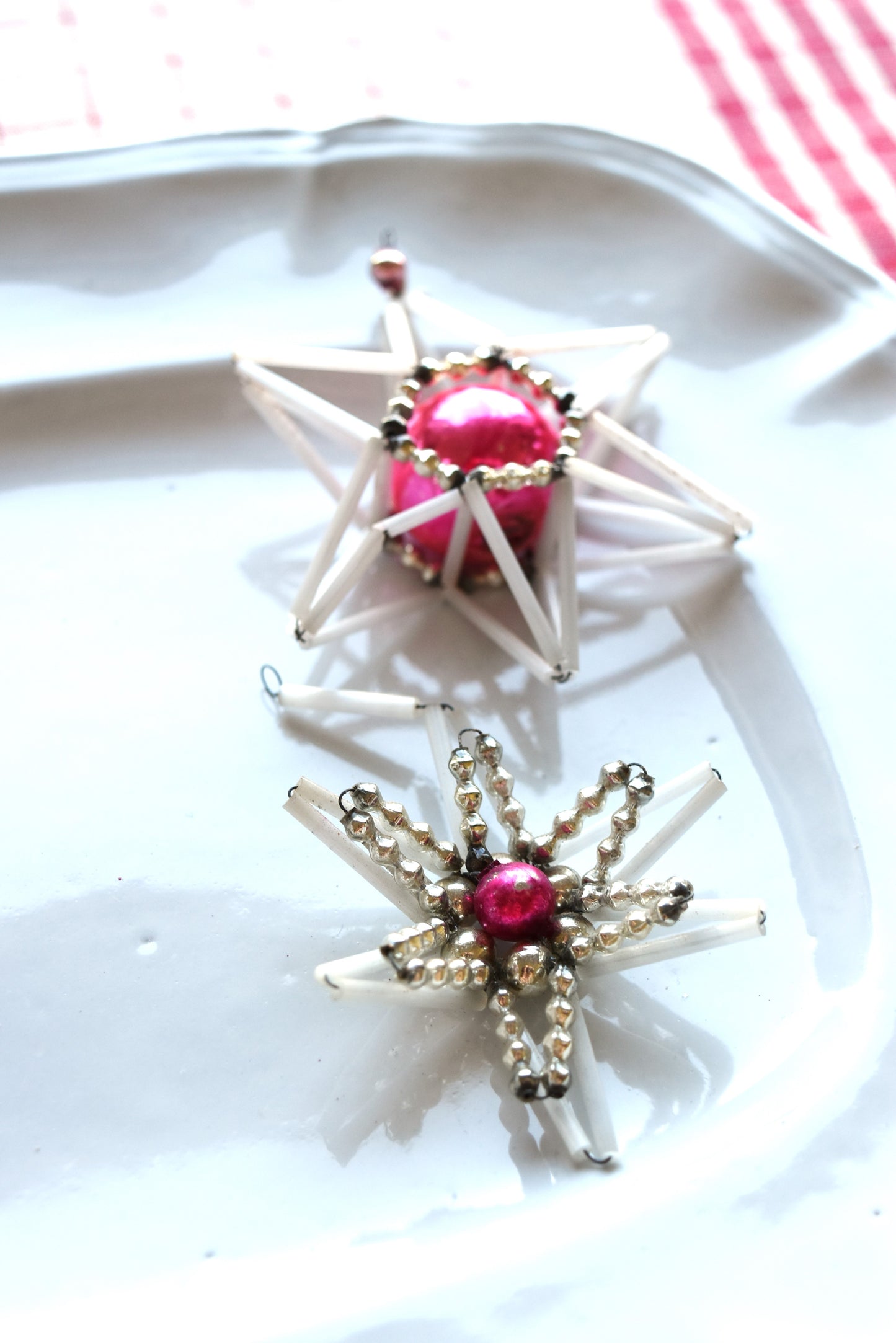 Vintage European Glass Bead Ornament - Pink Star Pair