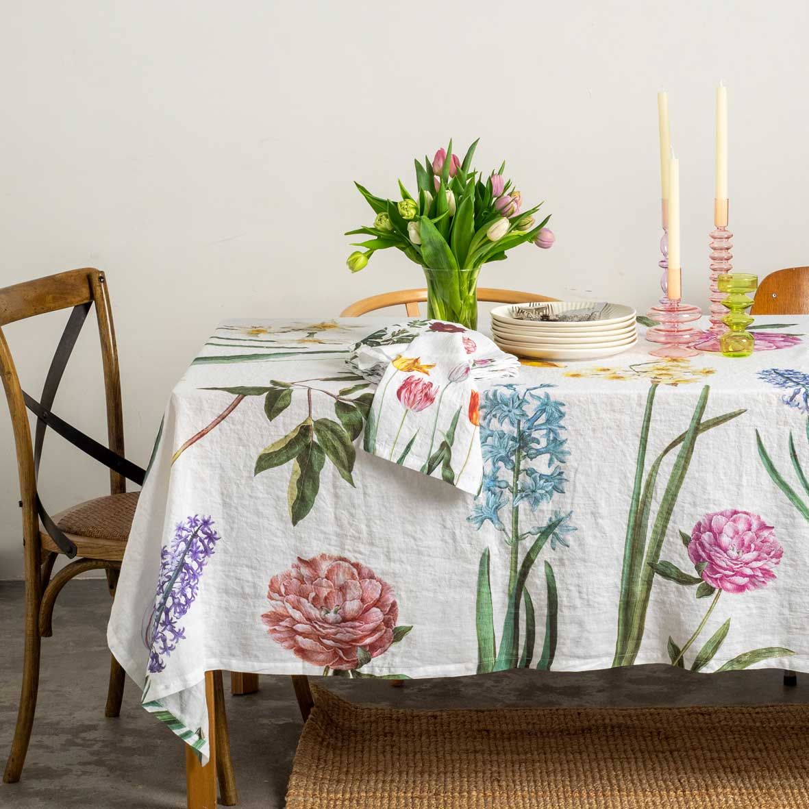 European Linen 'Early Flowers' White Table Cloth