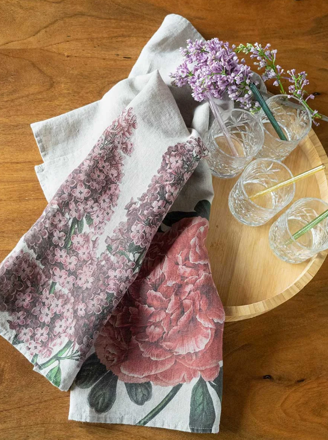 European Linen 'Peony & Lilac' Pair of Tea Towels