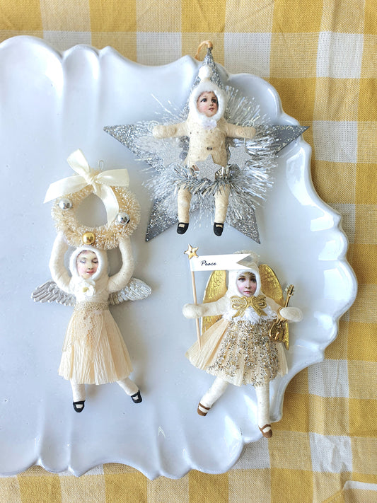 Vintage by Crystal Handspun Cream & Silver Hanging Angel Ornaments