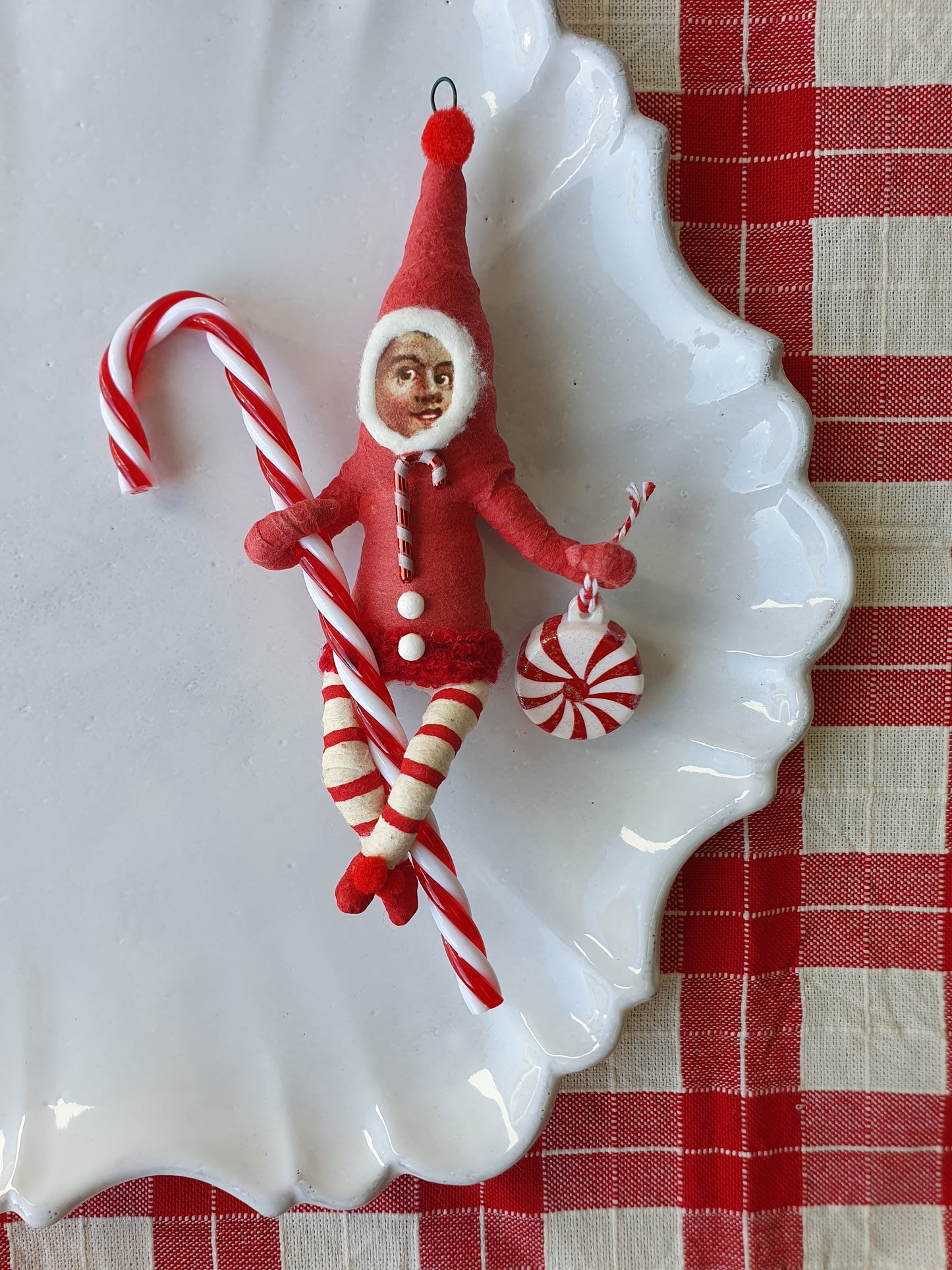 Vintage by Crystal Handspun Cotton Candy Cane Elf & Mushroom