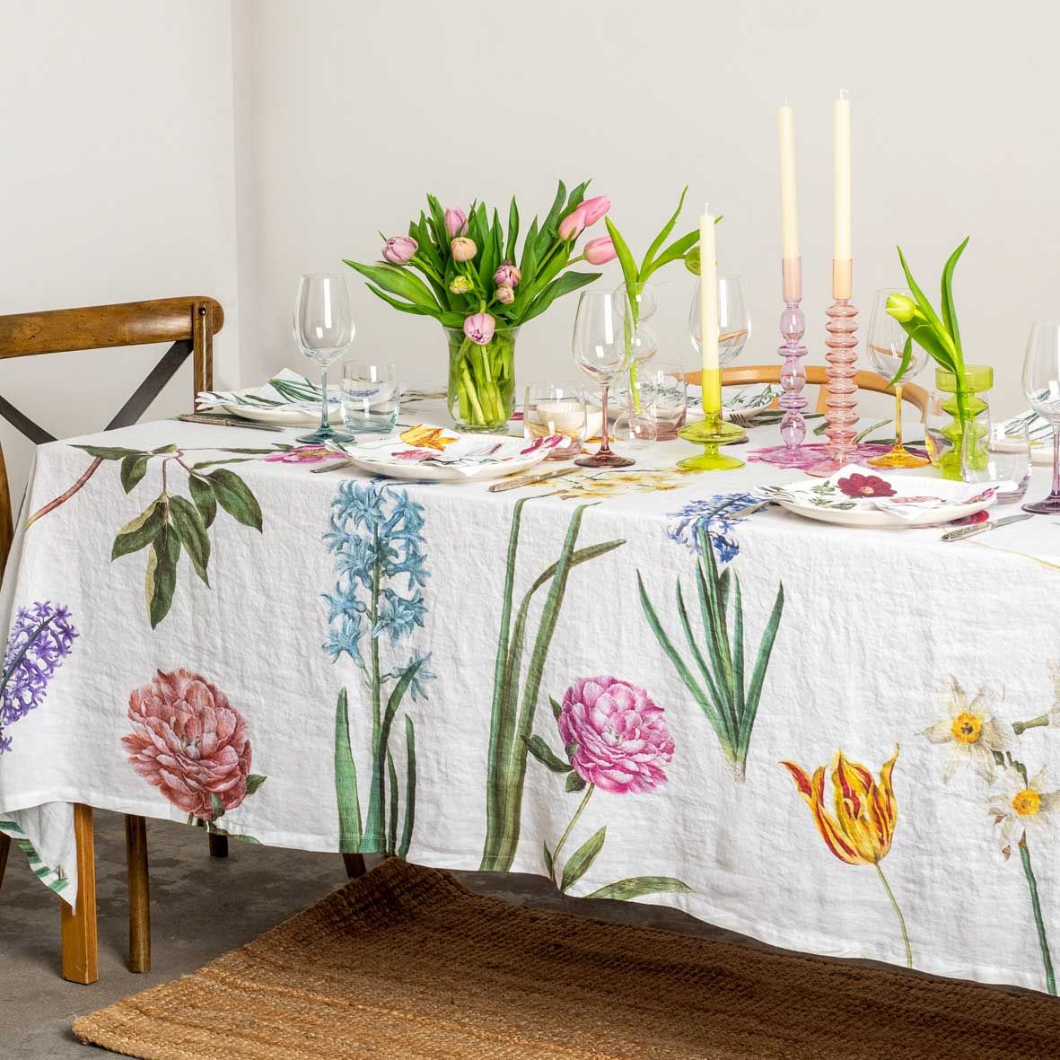 European Linen 'Early Flowers' White Table Cloth