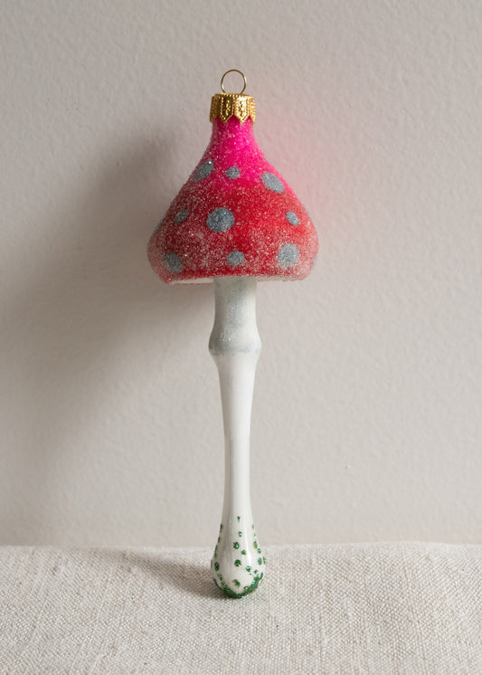 Polish Glass Christmas Ornament - Medium Pink & Red Mushroom