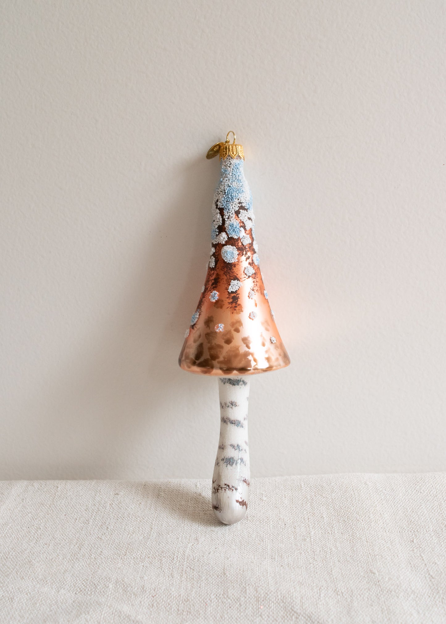 Polish Glass Christmas Ornament - Large Tan & Blue Mushroom