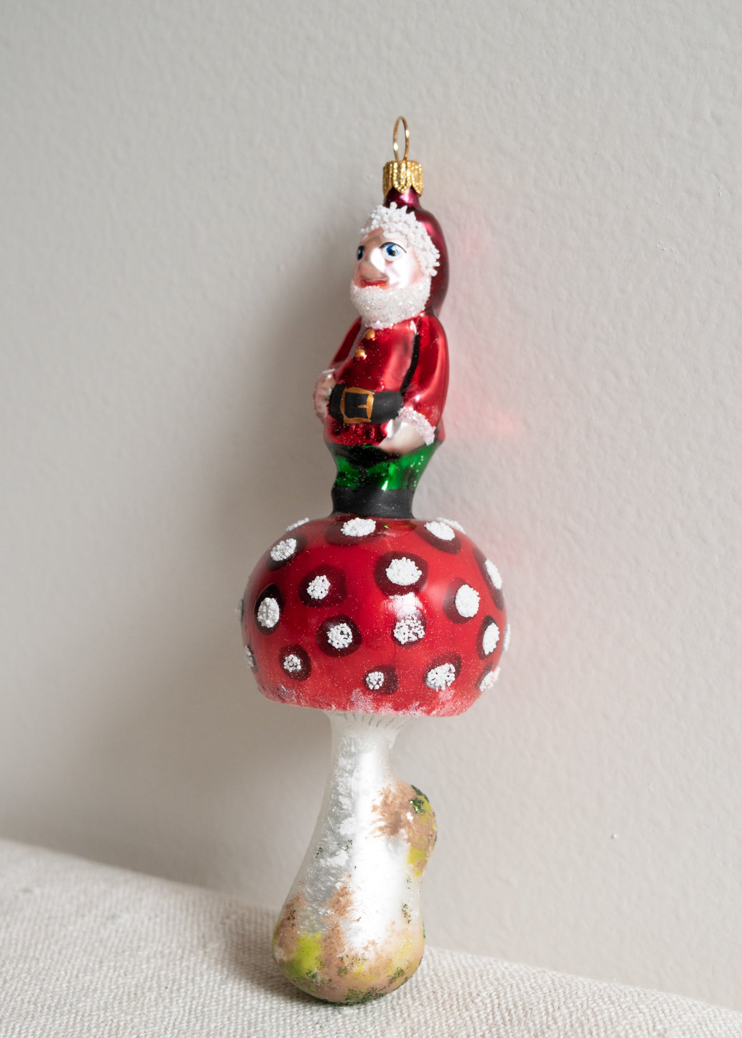 Polish Glass Christmas Ornament - Red Santa Gnome on Mushroom