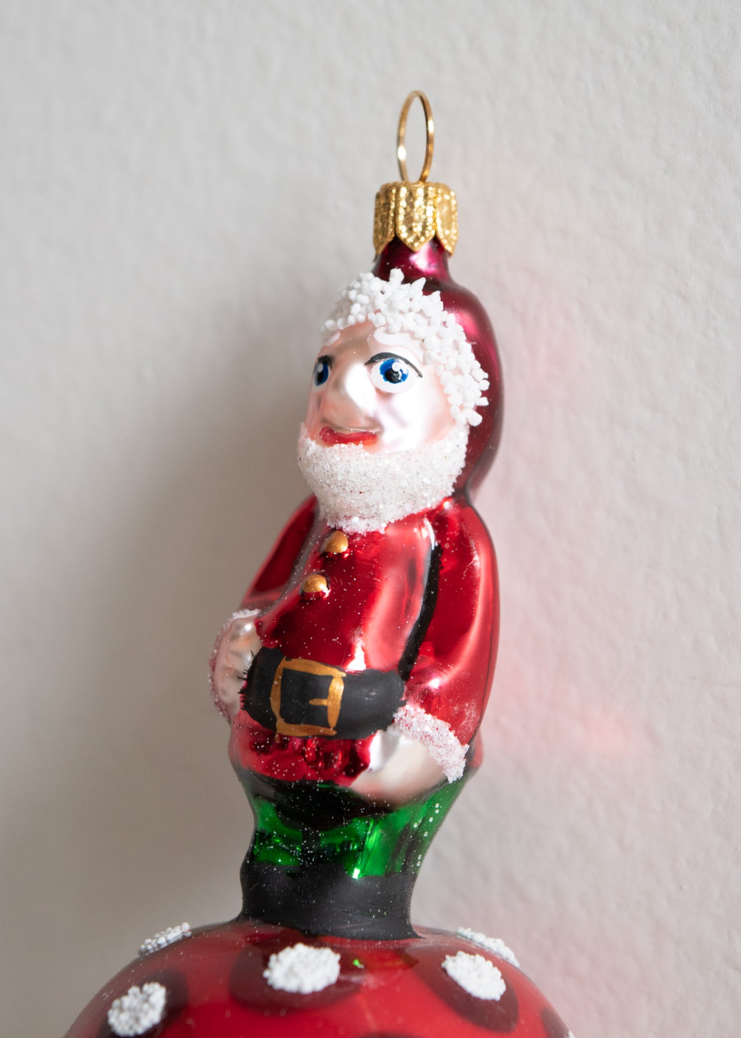 Polish Glass Christmas Ornament - Red Santa Gnome on Mushroom