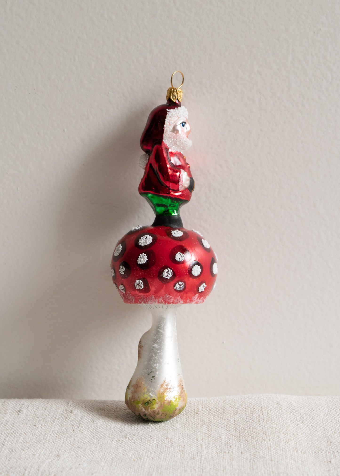 Polish Glass Christmas Ornament - Red Santa Gnome on Mushroom