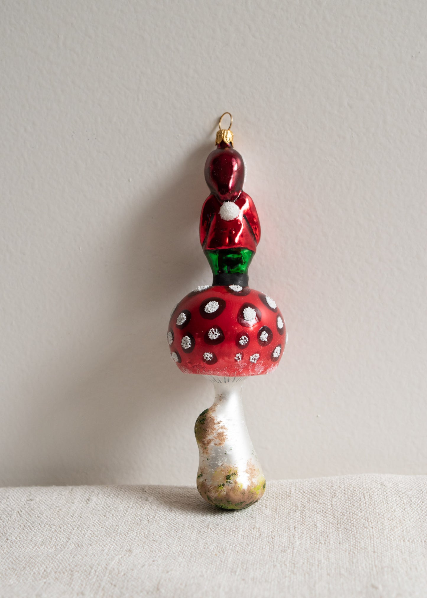 Polish Glass Christmas Ornament - Red Santa Gnome on Mushroom