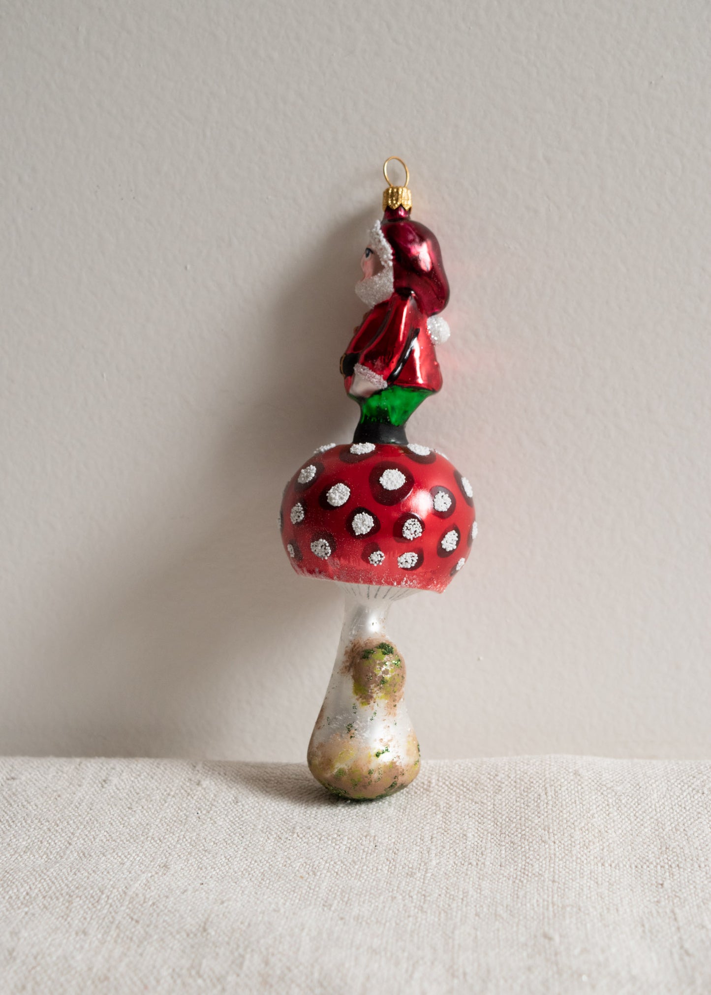 Polish Glass Christmas Ornament - Red Santa Gnome on Mushroom