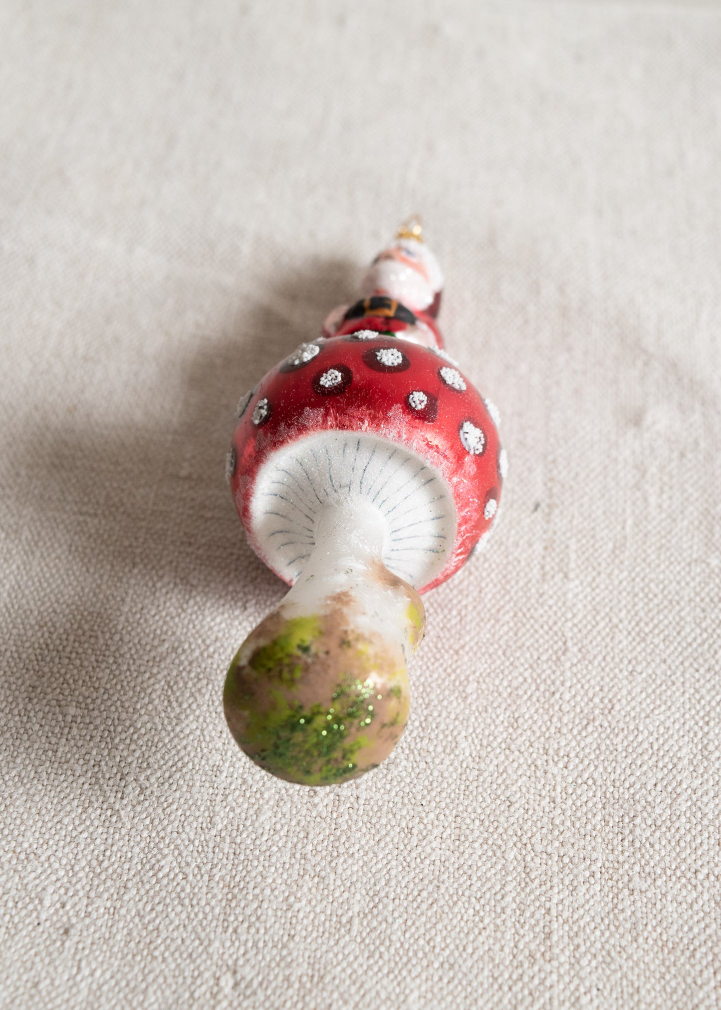 Polish Glass Christmas Ornament - Red Santa Gnome on Mushroom