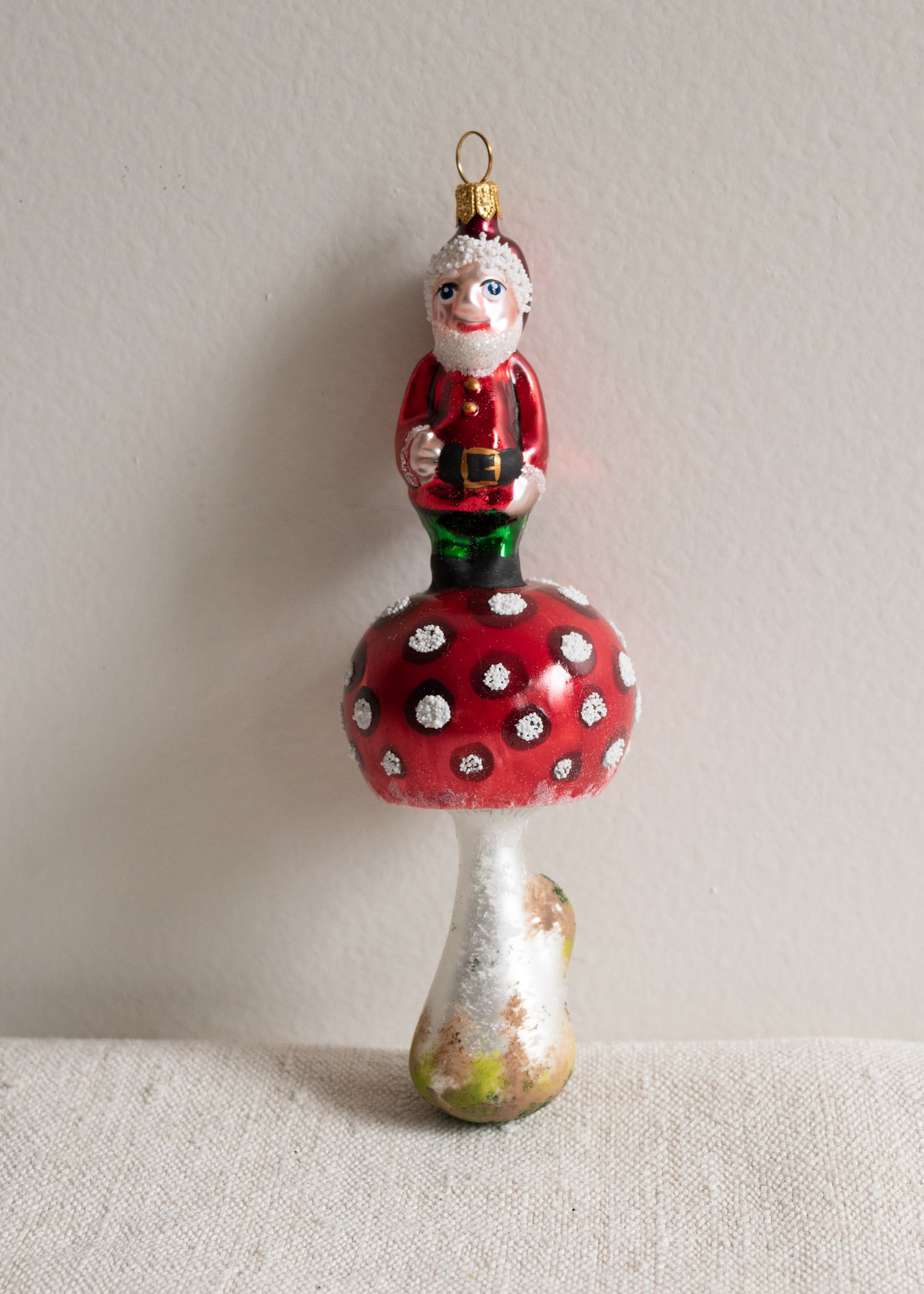 Polish Glass Christmas Ornament - Red Santa Gnome on Mushroom