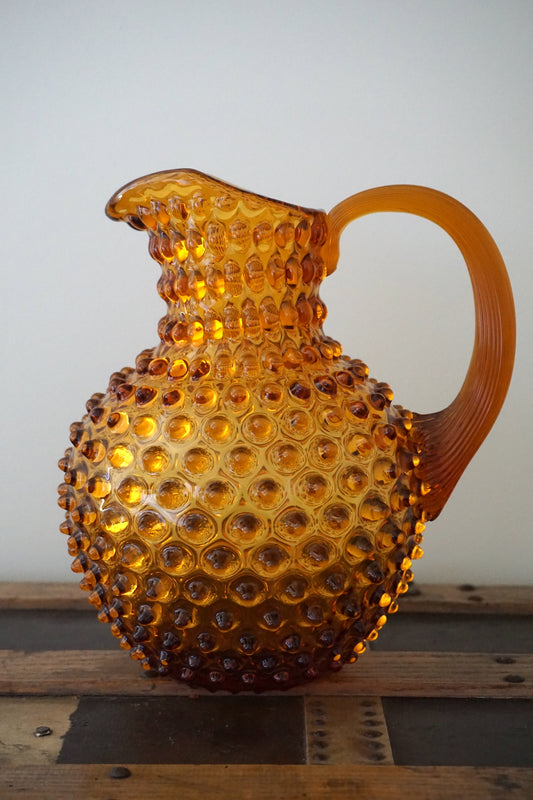 Amber Bohemia Glass Hobnail Pitcher