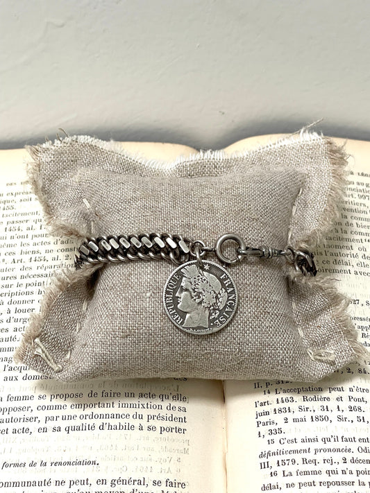 Antique French 1872 Silver Coin Charm Bracelet