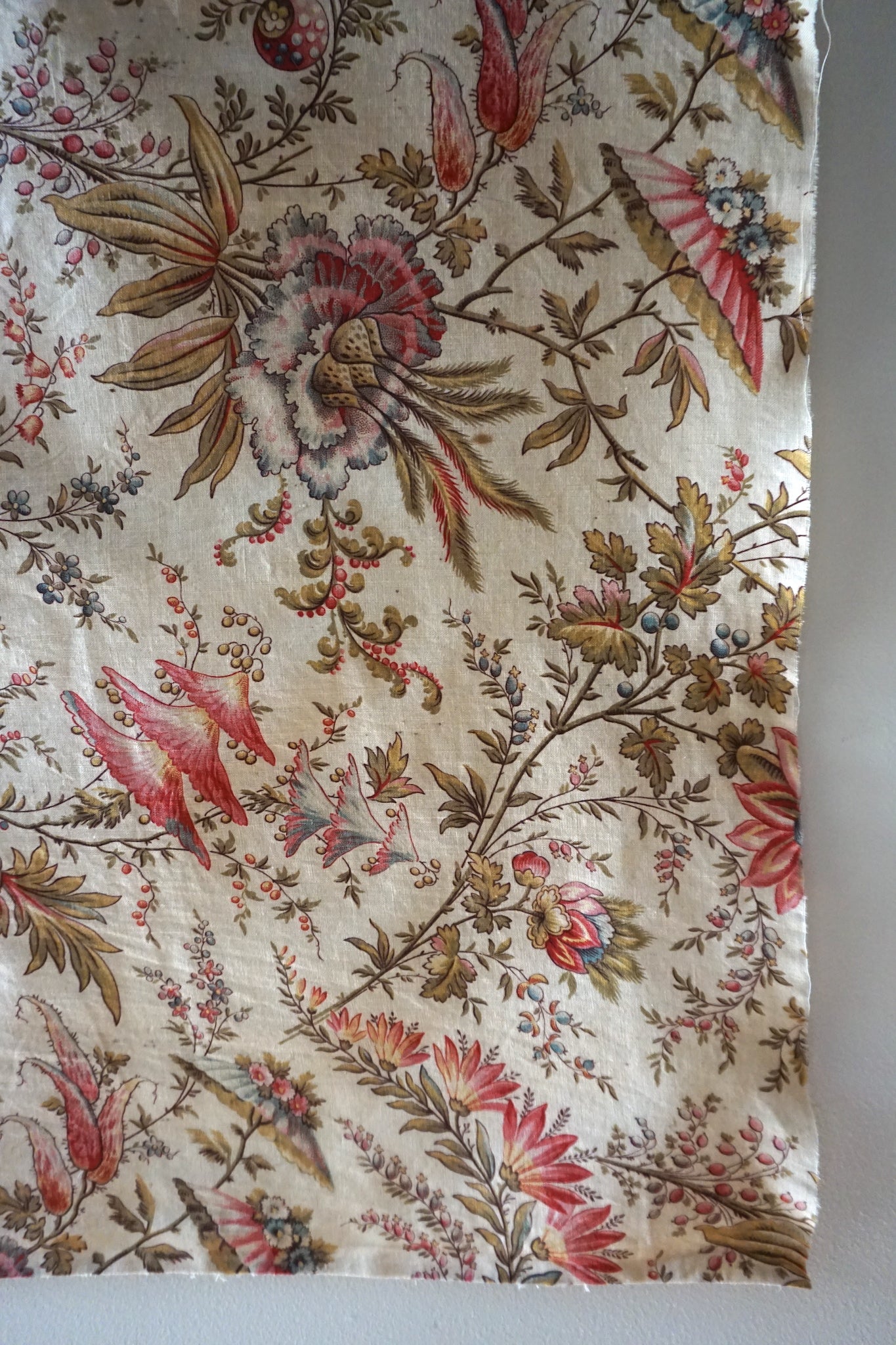 Antique French 18th Century Rouen Floral Cotton Panel 50x80cm