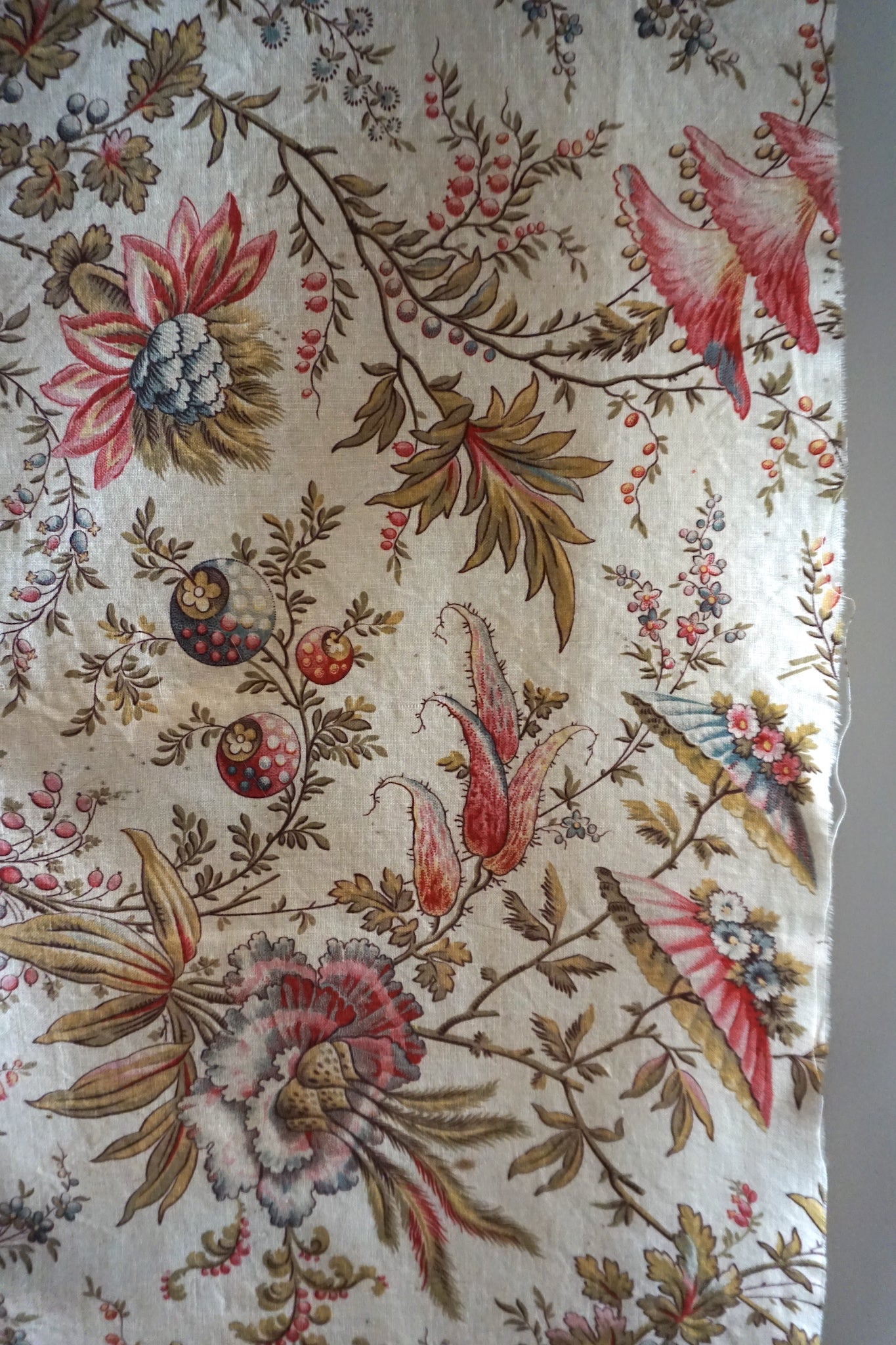 Antique French 18th Century Rouen Floral Cotton Panel 50x80cm