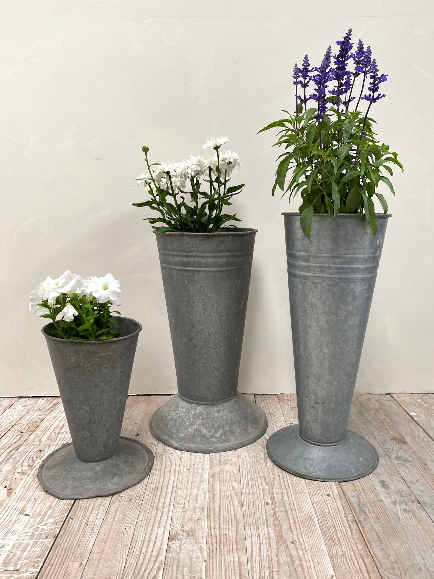 Antique French Florist's Tall Zinc Tubs with Flared Base