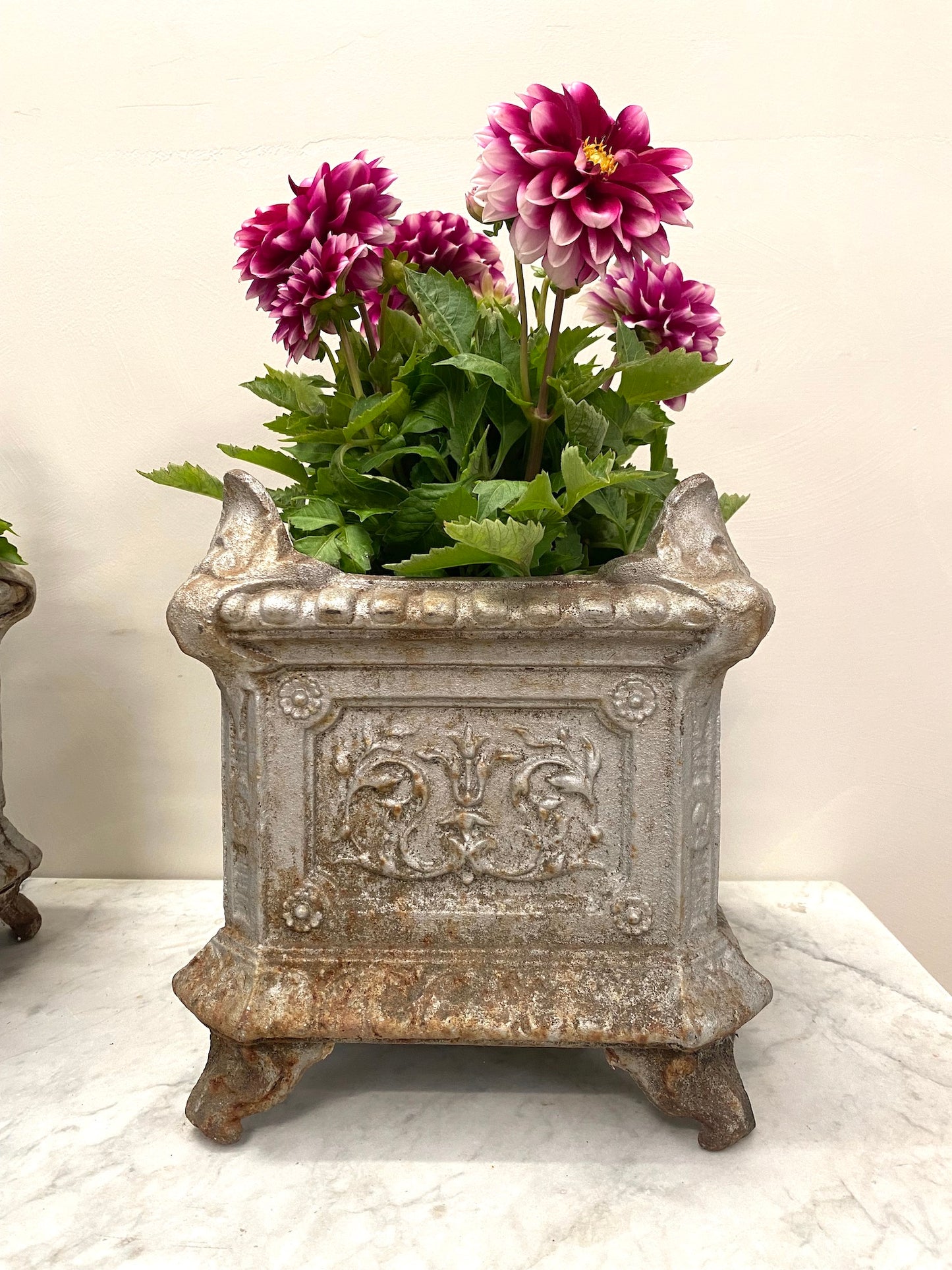 Antique French Pair of Petite Cast Iron Square Jardinere - Rustic Silver