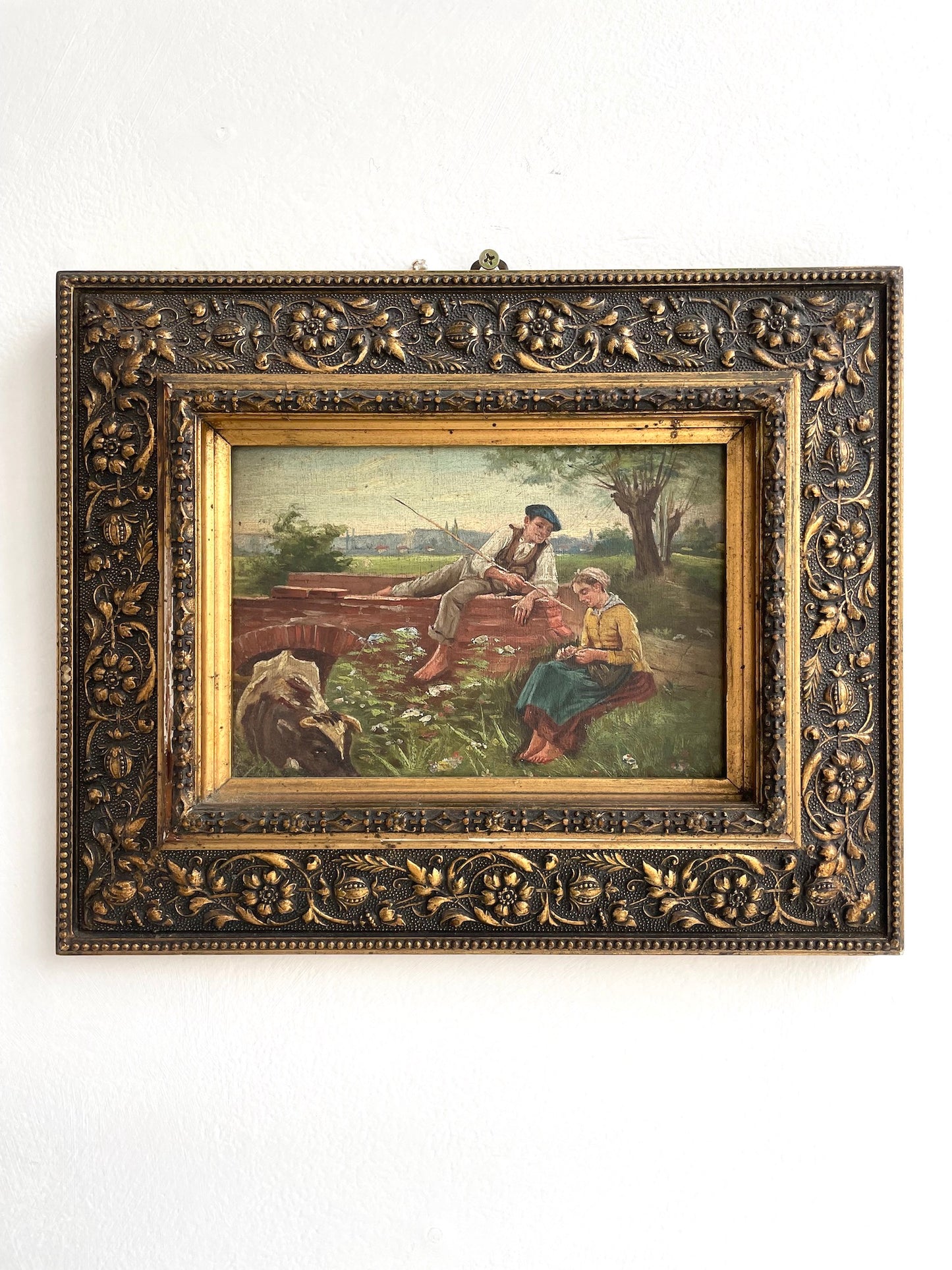 Antique French Pastoral Scene Painting - Young Lovers by the Bridge