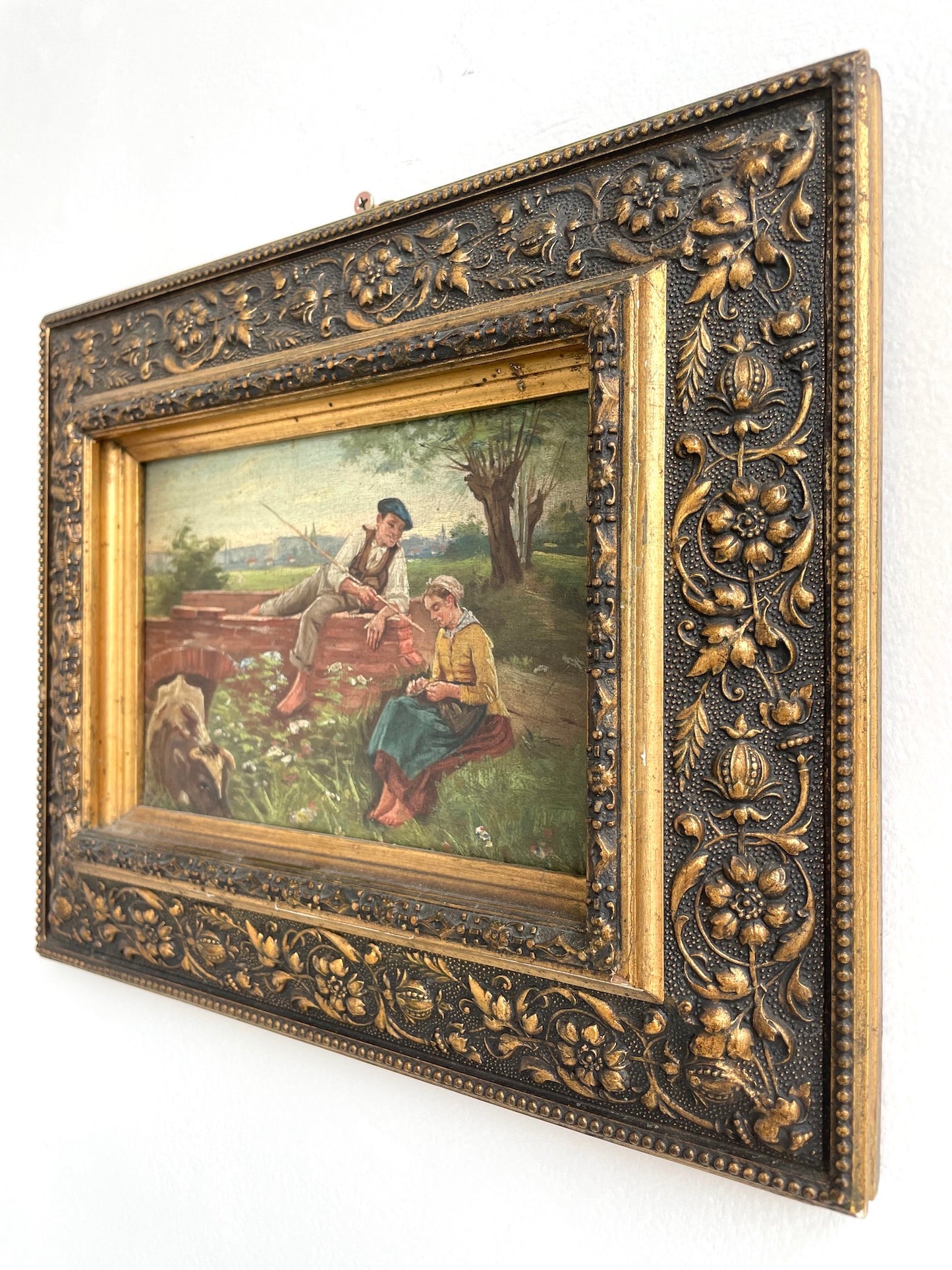 Antique French Pastoral Scene Painting - Young Lovers by the Bridge