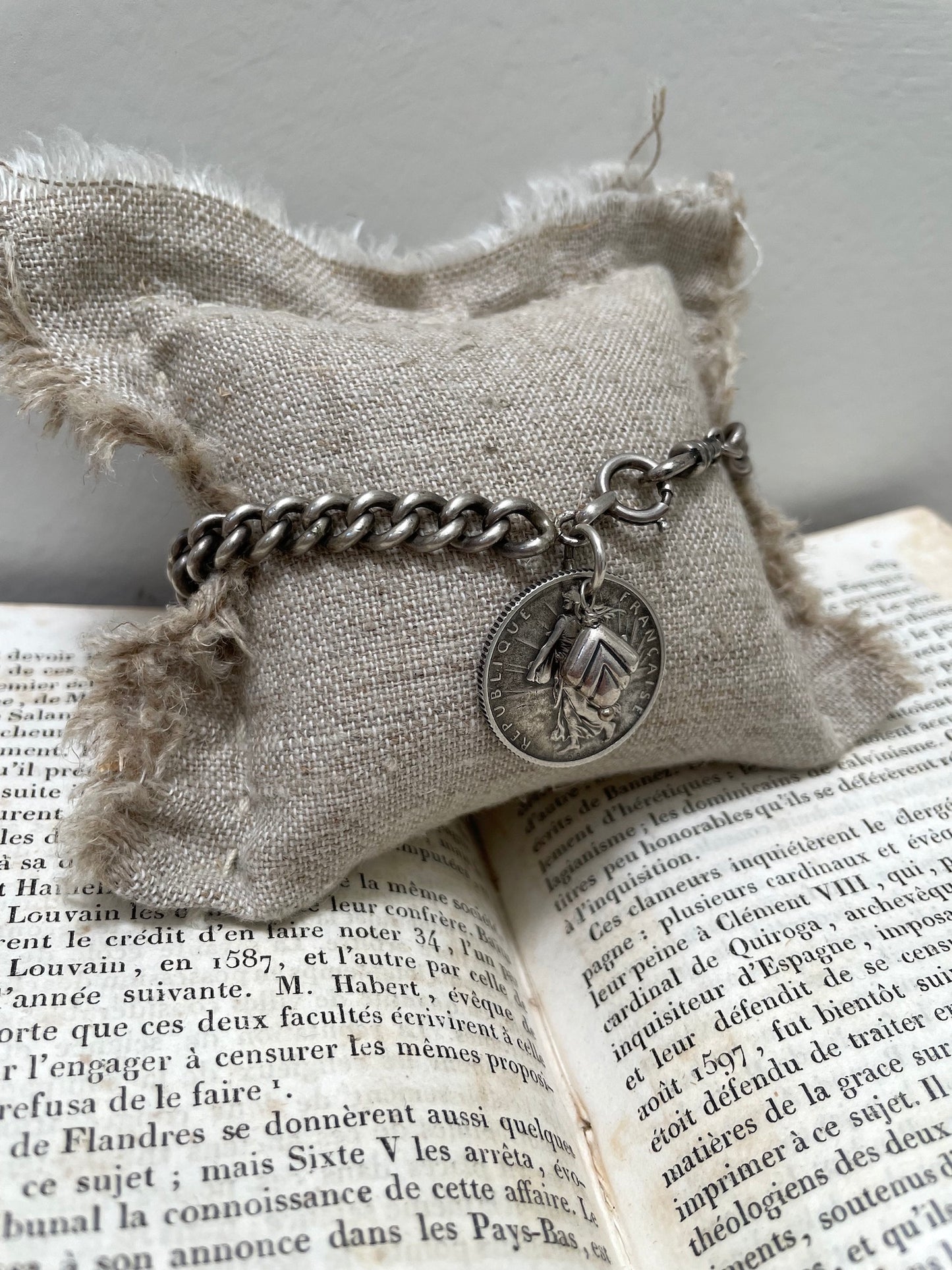 Antique French Silver 1910 Coin Charm Bracelet