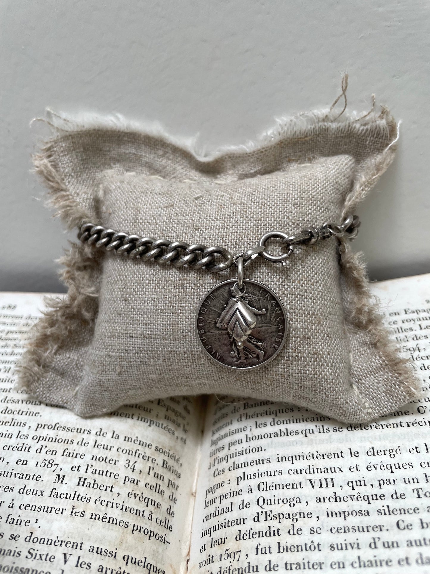 Antique French Silver 1910 Coin Charm Bracelet