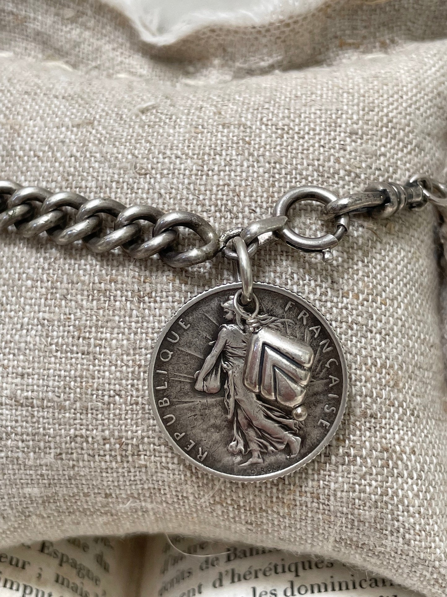 Antique French Silver 1910 Coin Charm Bracelet