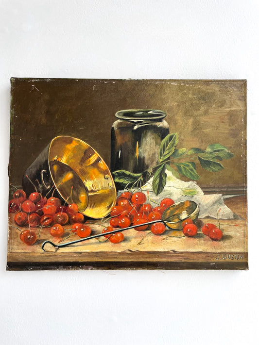 Antique French Still Life Painting - Cherry Harvest