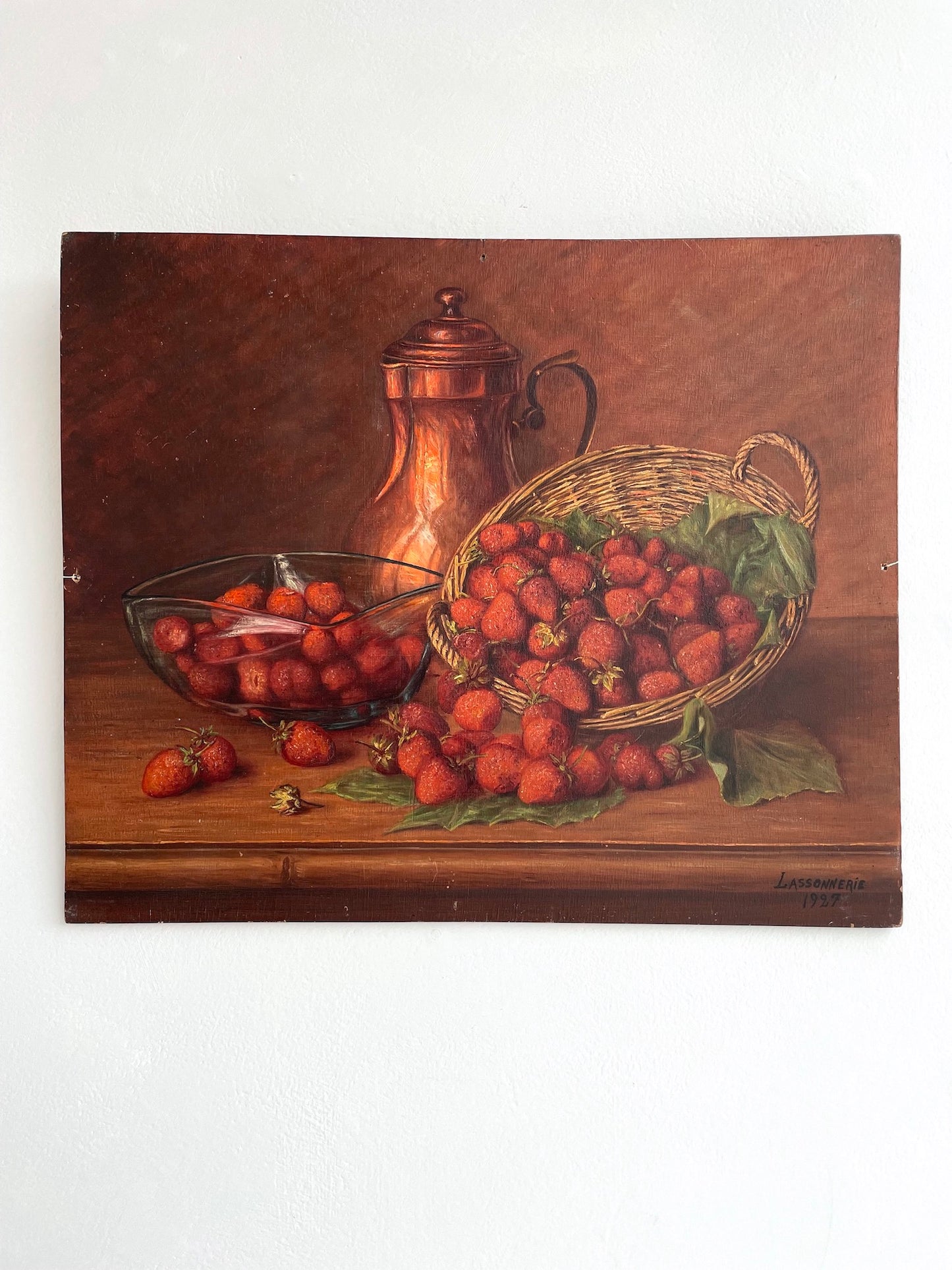 Antique French Still Life Painting - Strawberry Harvest Basket