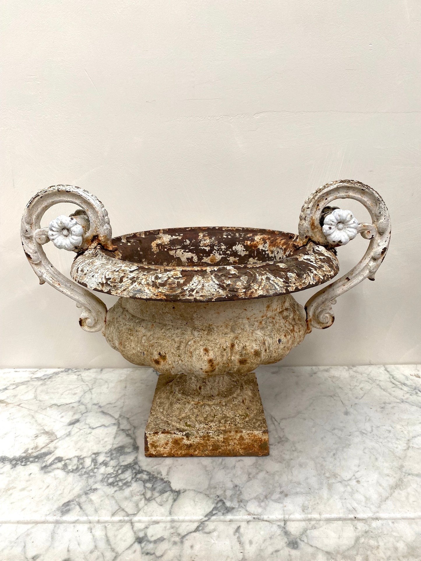 Antique French White Round Cast Iron Urn with Handles