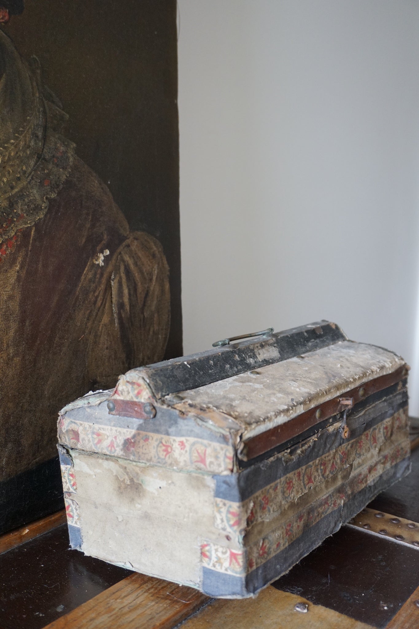 Early 19th Century Wooden Fabric & Paper Covered Box