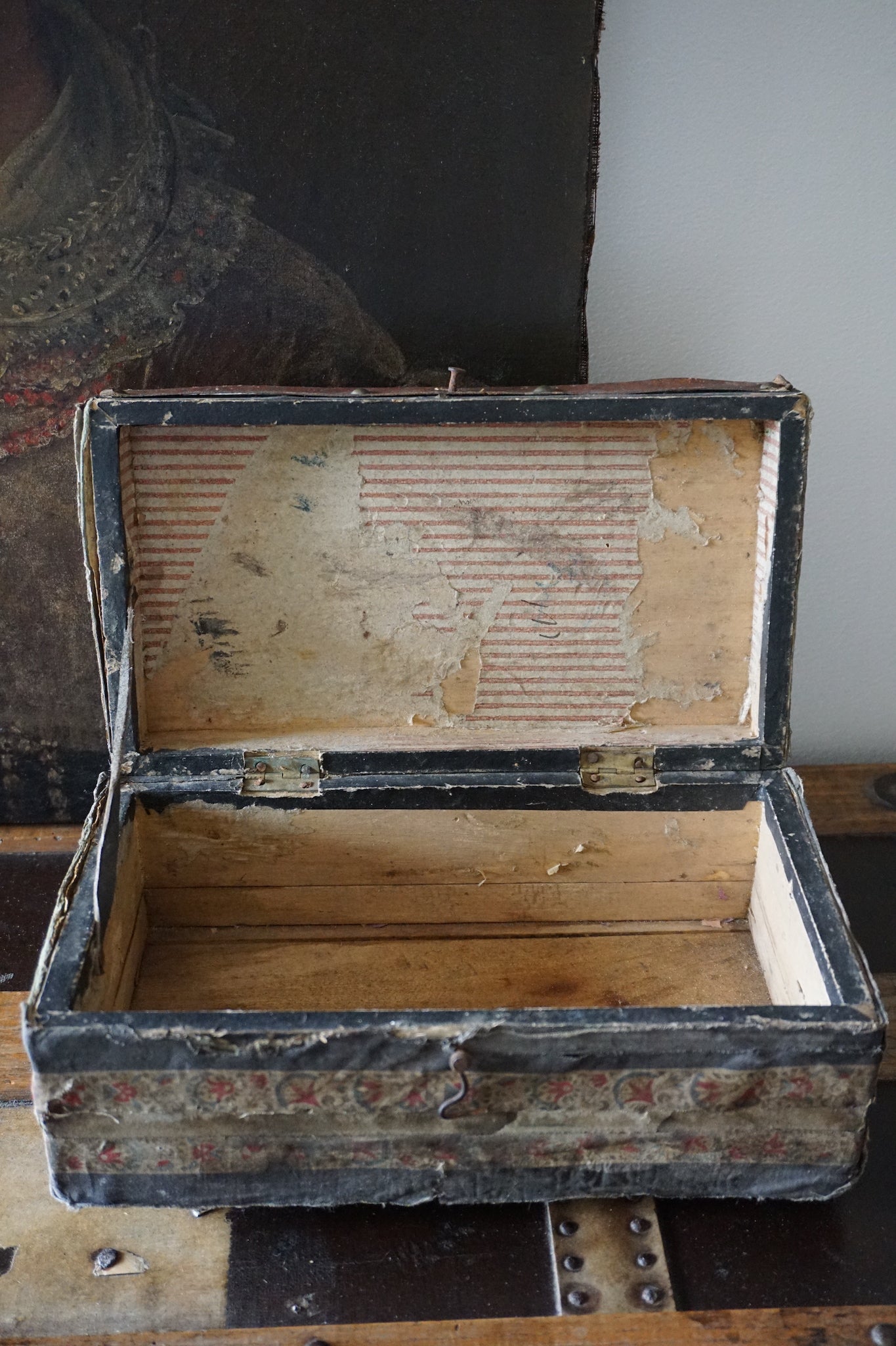 Early 19th Century Wooden Fabric & Paper Covered Box