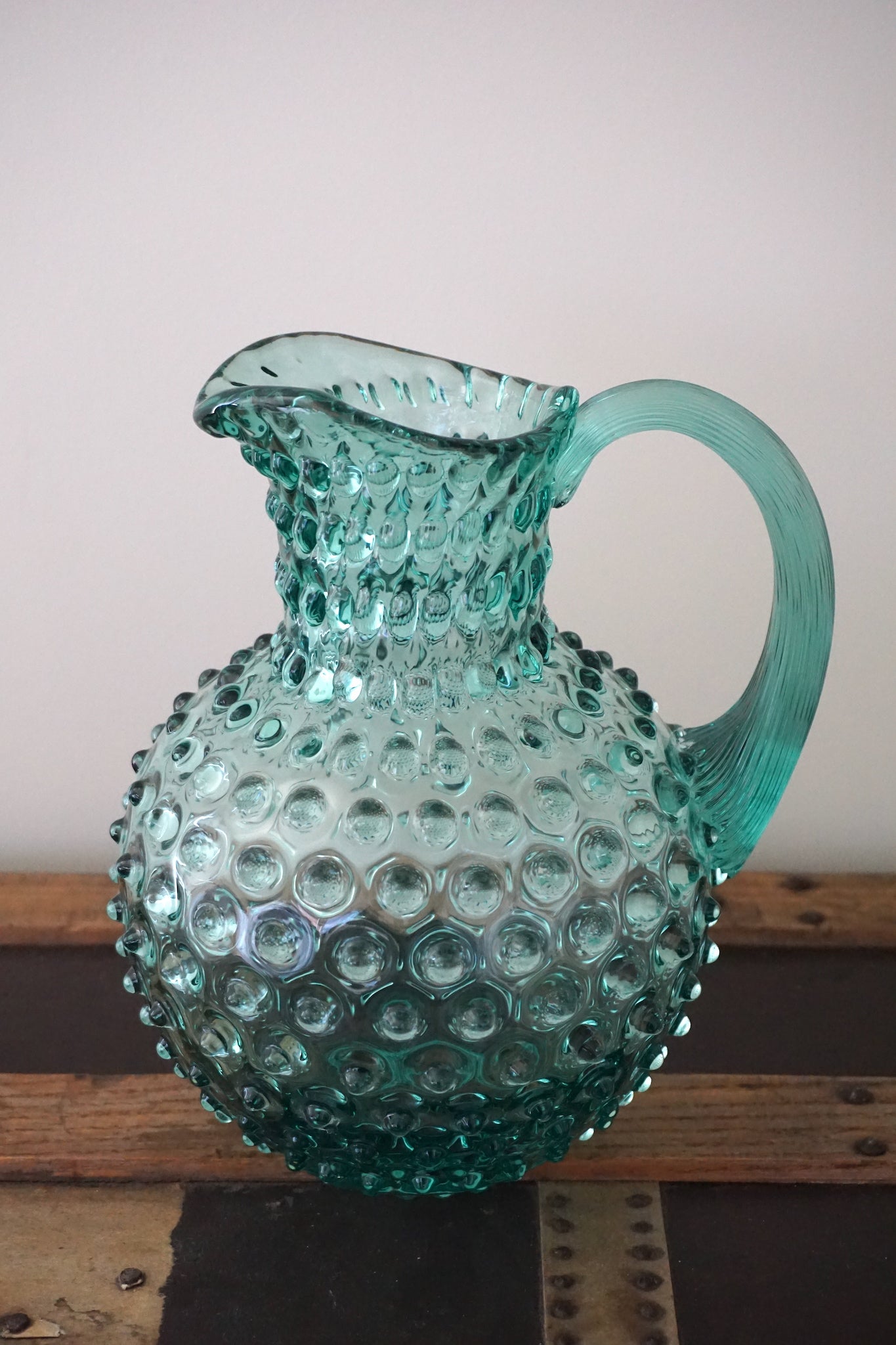 Beryl Bohemia Glass Hobnail Pitcher