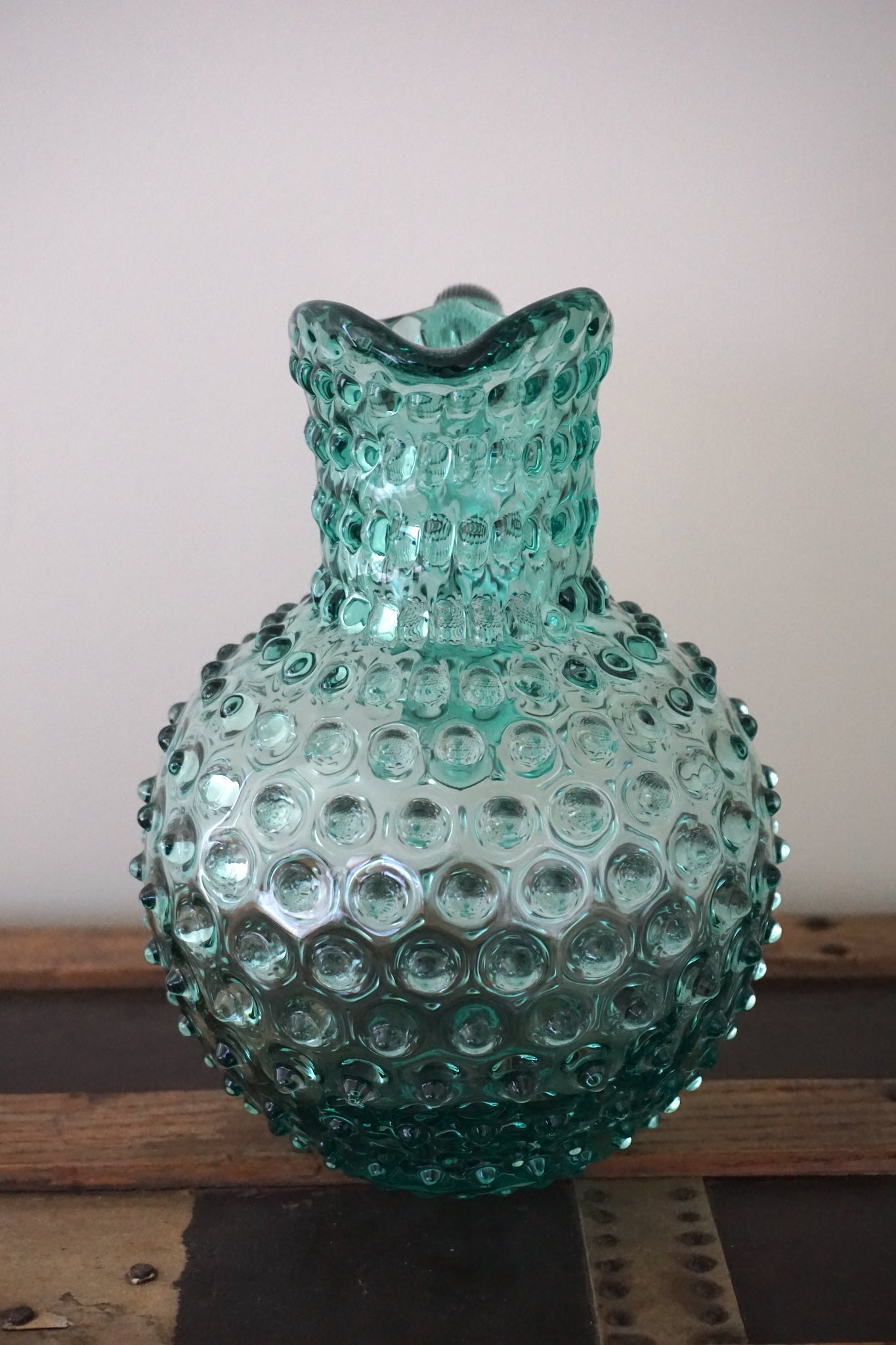 Beryl Bohemia Glass Hobnail Pitcher