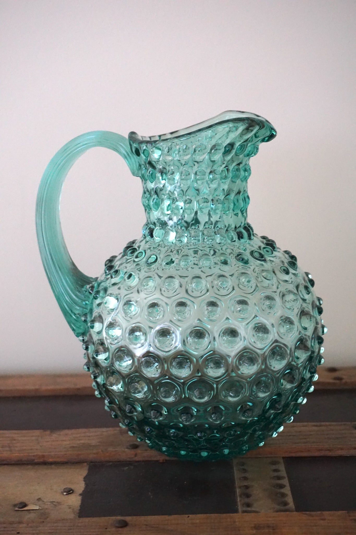 Beryl Bohemia Glass Hobnail Pitcher