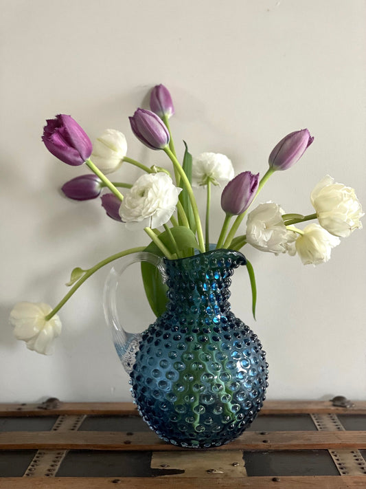 Underlay Blue Smoke Bohemia Glass Hobnail Pitcher