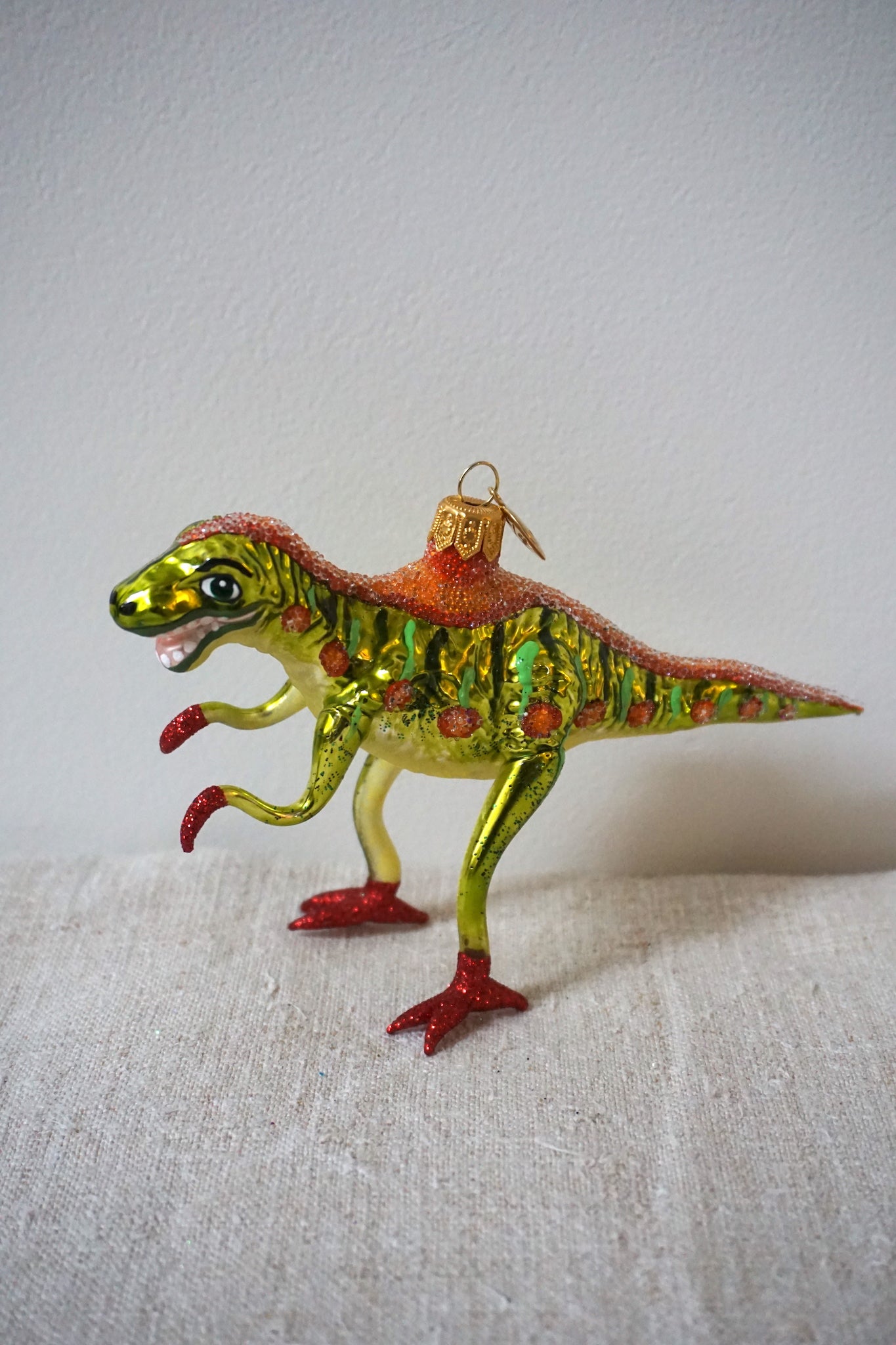 Polish Glass Christmas Ornament - Lime & Orange Dinosaur