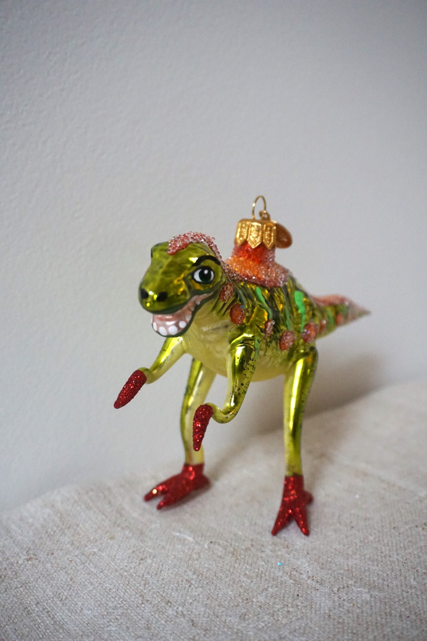 Polish Glass Christmas Ornament - Lime & Orange Dinosaur