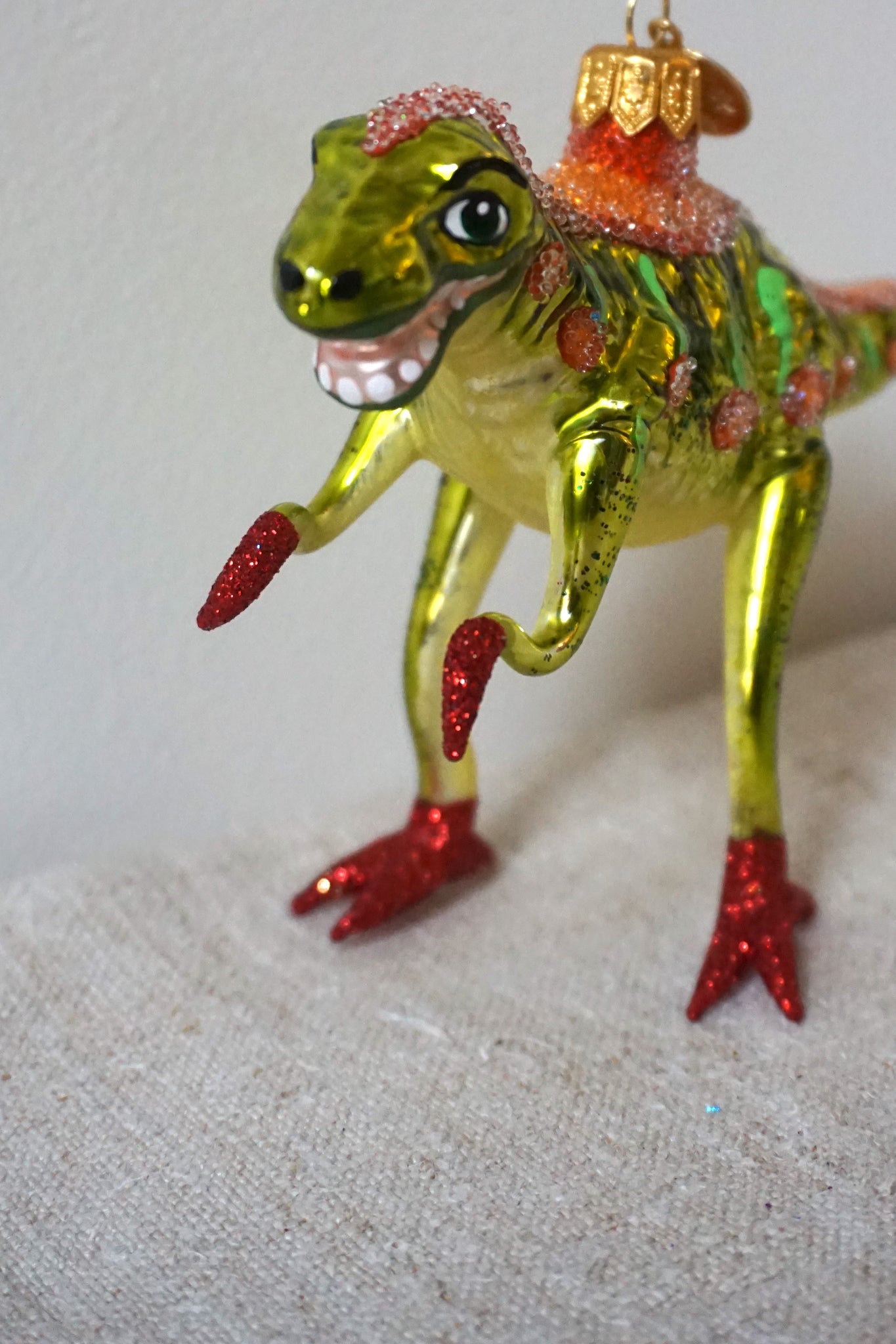 Polish Glass Christmas Ornament - Lime & Orange Dinosaur