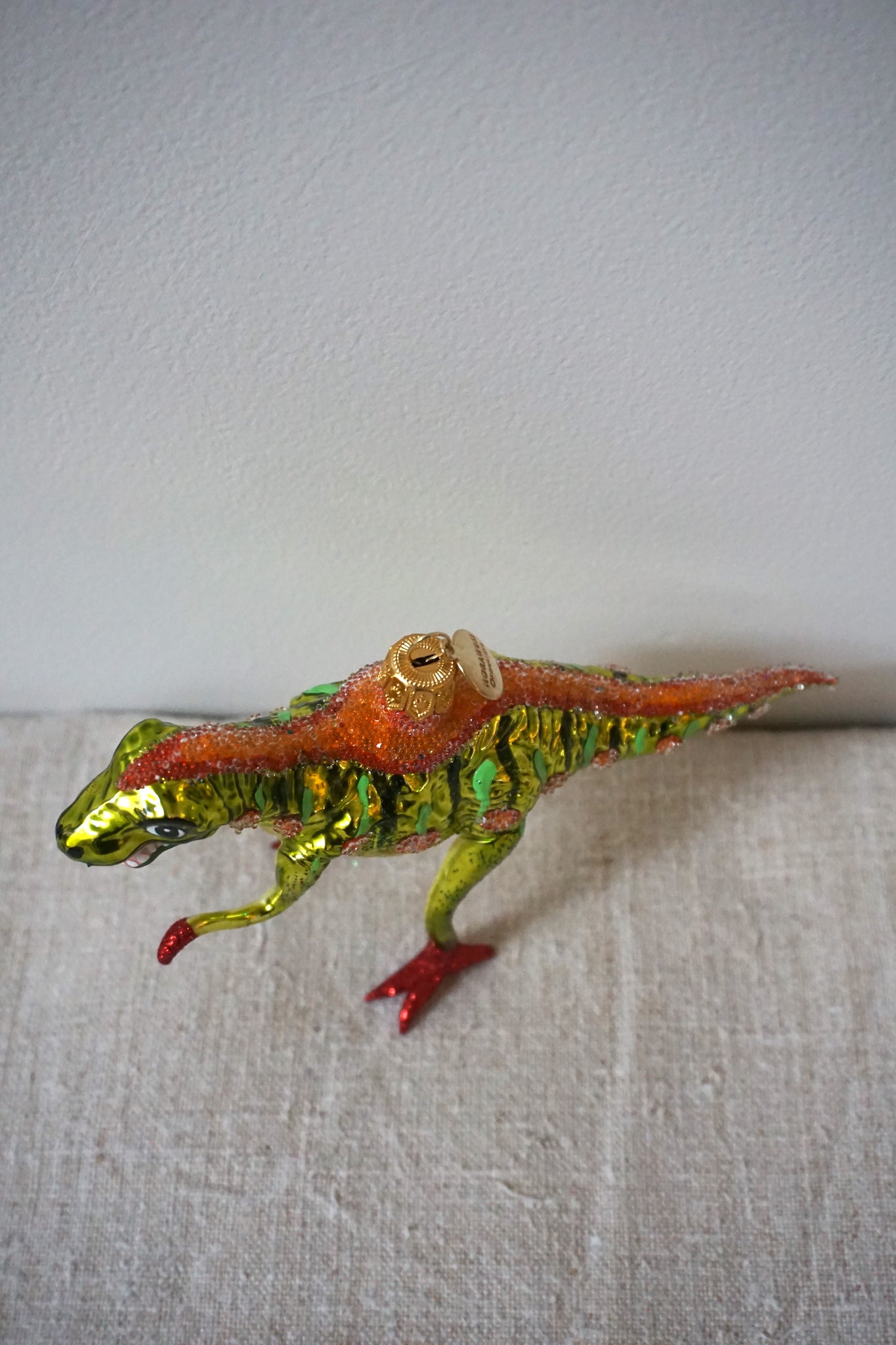 Polish Glass Christmas Ornament - Lime & Orange Dinosaur