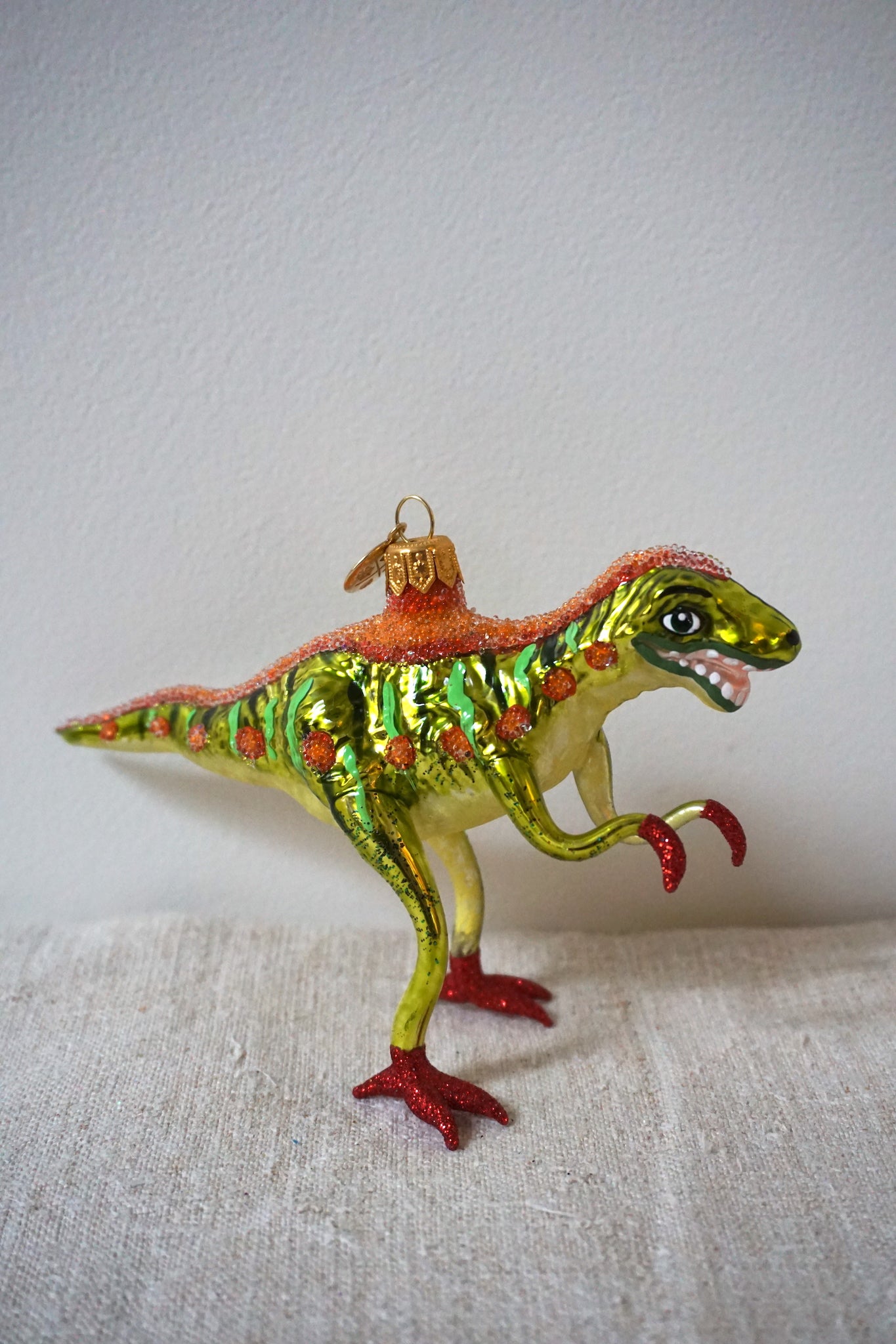 Polish Glass Christmas Ornament - Lime & Orange Dinosaur