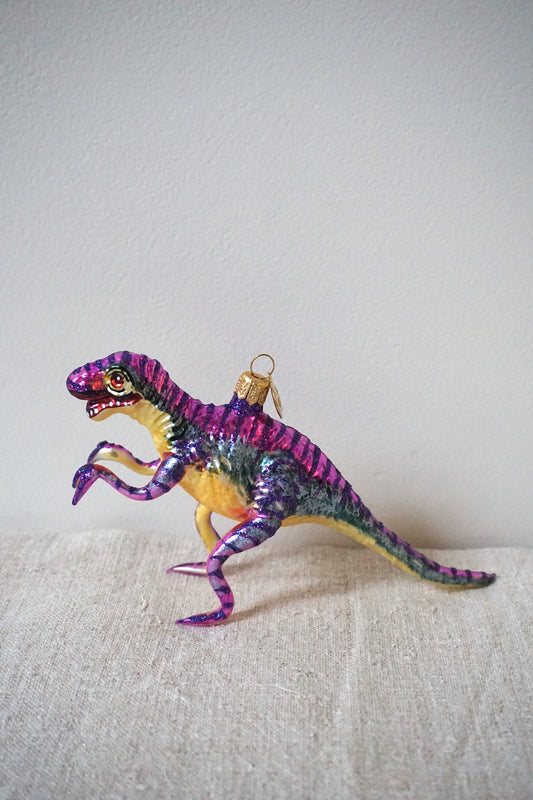 Polish Glass Christmas Ornament - Purple & Yellow Dinosaur