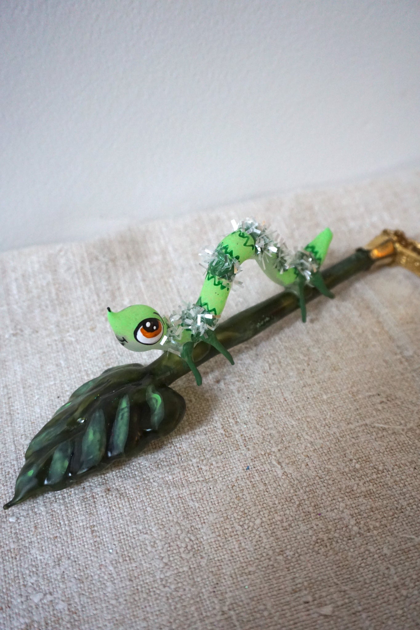 Polish Glass Christmas Ornament - Caterpillar on Leaf