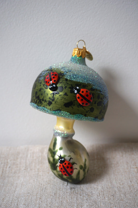 Polish Glass Christmas Ornament - Mushroom with Ladybugs